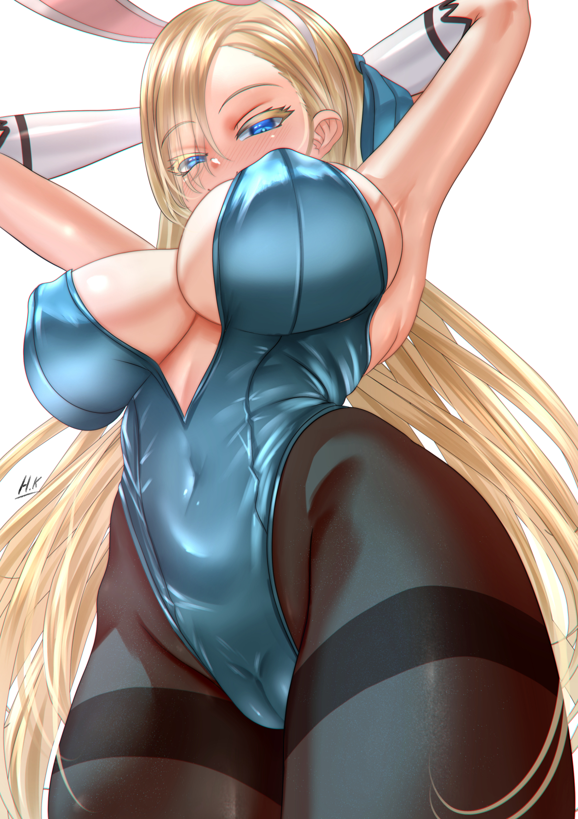 1girls, arms behind head, arms up, asuna (blue archive), asuna (bunny) (blue archive), blonde hair, blue archive, blue eyes, blush, bow, breasts, bunny ears, bunnysuit, cameltoe, center opening, cleavage, covered nipples, fake bunny ears, female, gloves, hair over one eye, highleg, highleg leotard, highres, kein hasegawa, large breasts, leotard, long hair, looking at viewer, looking down, pantyhose, pussy, simple background, smile, solo, thighband pantyhose, very long hair, white gloves