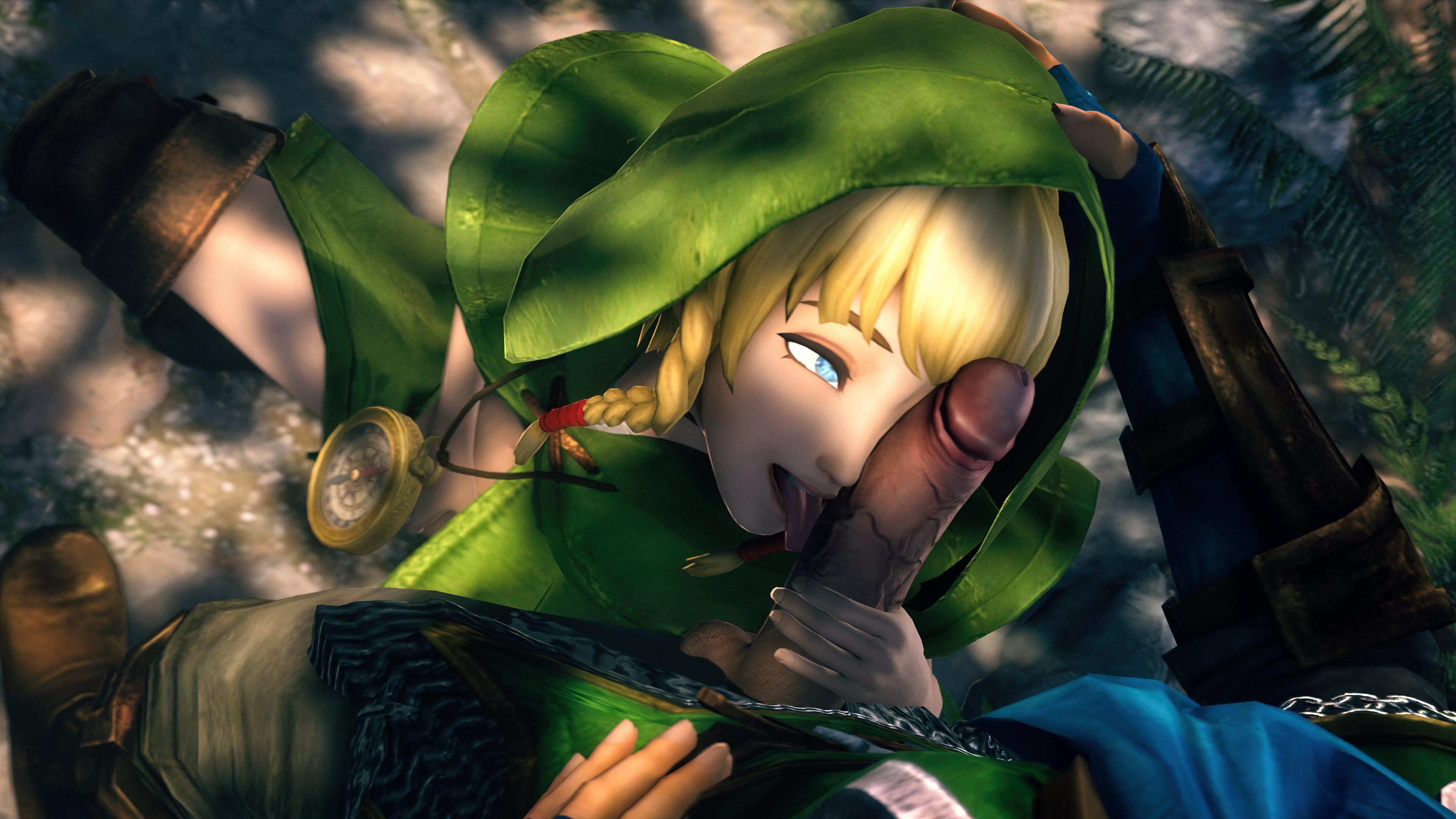 blonde hair, blue eyes, boots, brandi prime, fellatio, female, gloves, hand on head, holding penis, hood, humanoid, hylian, hyrule warriors, legwear, licking penis, link, linkle, male, masturbation, neckwear, oral, outerwear, pale skin, penis, squatting, the legend of zelda, twintails