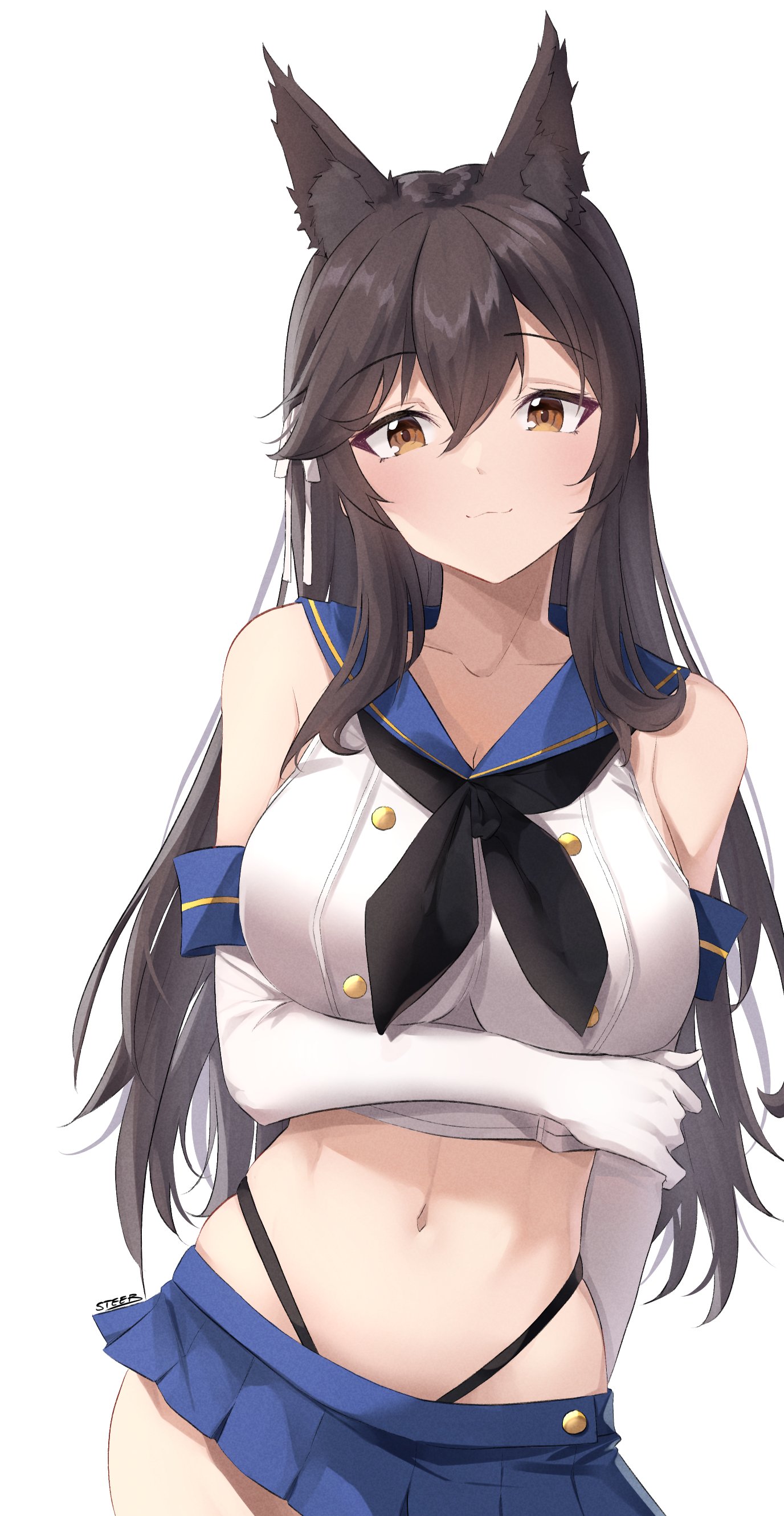 absurdres, animal ears, arm under breasts, atago (azur lane), azur lane, bangs, bare shoulders, black hair, black neckerchief, black thong, blue sailor collar, blue skirt, breasts, brown eyes, collarbone, cosplay, cowboy shot, elbow gloves, eyebrows visible through hair, female, gloves, hair ribbon, highres, kantai collection, large breasts, long hair, looking at viewer, microskirt, midriff, multi ear, navel, neckerchief, ribbon, sailor collar, shimakaze (kantai collection), shimakaze (kantai collection) (cosplay), shirt, sidelocks, simple background, skirt, smile, solo, steeb, thong, white background, white gloves, white ribbon, white shirt