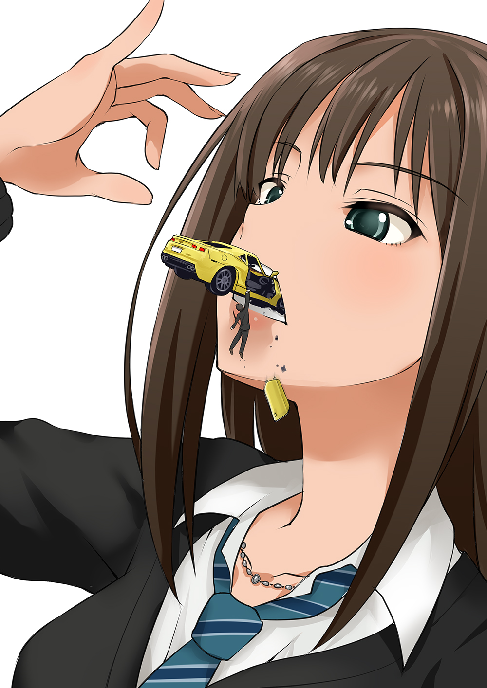 anime_style black_jacket blue_eyes brown_hair car close_up crush crushing destruction fingers giantess green_eyes hands idolmaster kure_ji_gonn macrophilia mouth mouth_hold office_clothing open_mouth perspective picking_up pixiv shibuya_rin shrunken teeth the_idolm@ster the_idolm@ster_cinderella_girls tiny_person vehicle vehicle_destruction vore