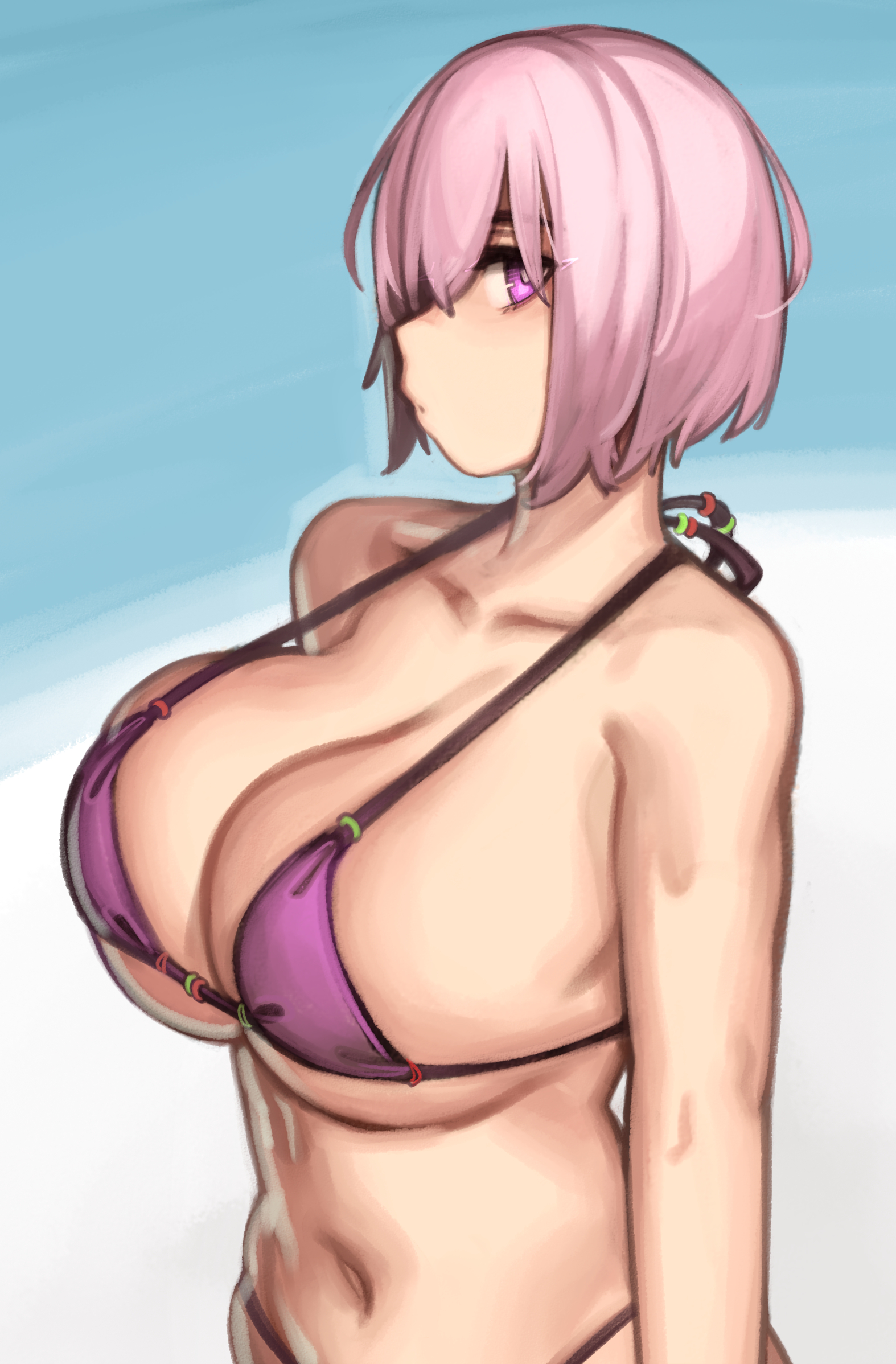 beach, bikini, breasts, cleavage, day, fate (series), fate/grand order, female, highres, kelvin hiu, large breasts, looking at viewer, mash kyrielight, navel, purple bikini, purple eyes, purple hair, short hair, solo, string bikini, swimsuit