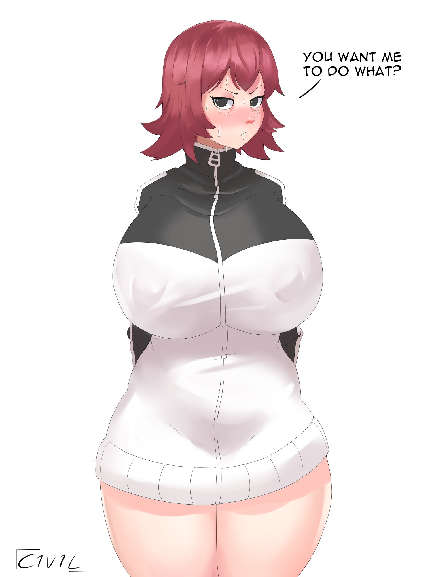 big breasts, blush, bottomless, breasts, civildreams, english text, female, front view, hoodie, huge breasts, jacket, kim pine, large breasts, looking at viewer, nipple bulge, red hair, scott pilgrim, short hair, simple background, sivildreams, solo, solo female, standing, text, white background