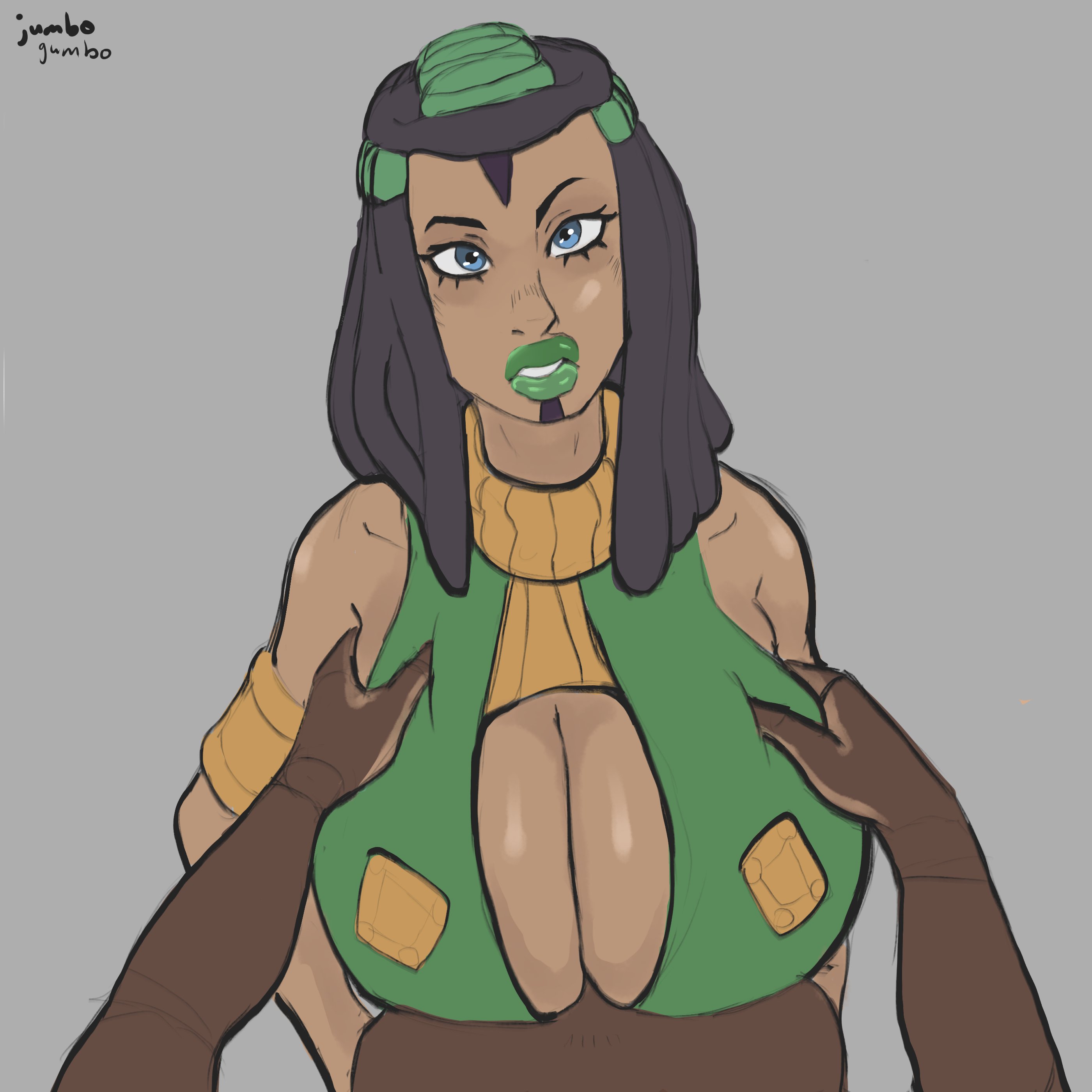 1boy, 1girls, alternate breast size, big breasts, black hair, blue eyes, breasts, cleavage, cleavage cutout, dark skin, dark-skinned female, dark-skinned male, ermes costello, exposed shoulders, female, green lipstick, huge breasts, human, jojo's bizarre adventure, jumbogumbo, large breasts, latina, long hair, male, paizuri, paizuri lead by male, paizuri on lap, shounen jump, stone ocean, straight, tagme