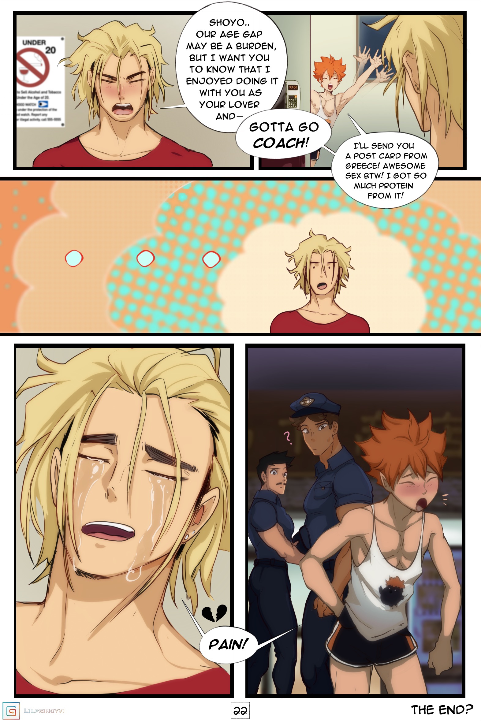 ?, ..., after anal, after sex, athletic, athletic male, blonde hair, blush, blushing, bottomwear, broken heart, closed eyes, clothed, clothed male, clothes, clothing, comic, crying, dialogue, duo focus, english text, fit, fit male, front view, fully clothed, gay, gay male, haikyuu!!, hair, hi res, human, human only, light skin, light-skinned male, lilprincyvi, male, male only, multiple boys, multiple males, nipples, open mouth, orange hair, pecs, redhead, short hair, shorts, shoyo hinata, speech bubble, sportswear, standing, surprised, talking, talking to partner, tank top, tears, teeth, text, tongue, topwear, twink, ukai keishin, waving, yaoi