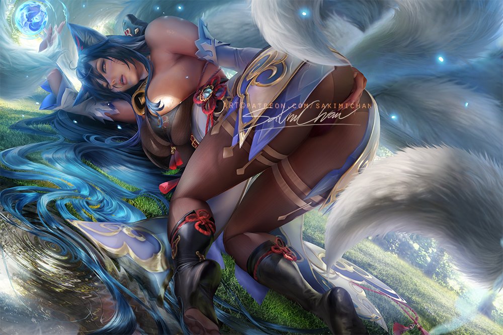 1girls, 2022, ahri, alternate version available, artist signature, ass, bending over, bent over, bikini top, black hair, bodystocking, breasts, cosplay, crossover, detached sleeves, detailed background, facial markings, female, female only, fluffy ears, fluffy tail, fox ears, fox girl, ganyu (genshin impact) (cosplay), genshin impact, huge ass, huge breasts, kitsune, league of legends, long hair, multi tail, outfit swap, riot games, sakimichan, sideboob, tail, tails, thick thighs, thighs, watermark, yellow eyes