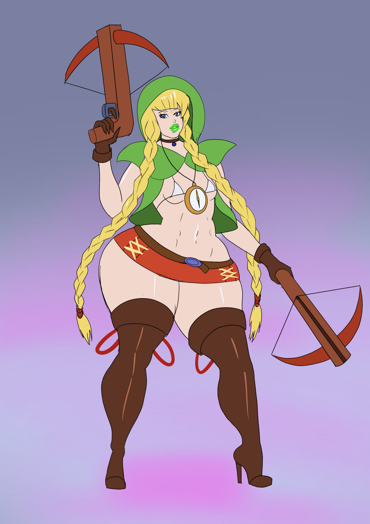 annon beltskirt bimbo blonde_hair blue_eyes boots bra crossbow female footwear handwear high_heels huge_ass humanoid hylian hyrule_warriors latex legwear linkle navel neckwear nintendo nipples outerwear pale_skin small_breasts the_legend_of_zelda thick_thighs weapon wide_hips