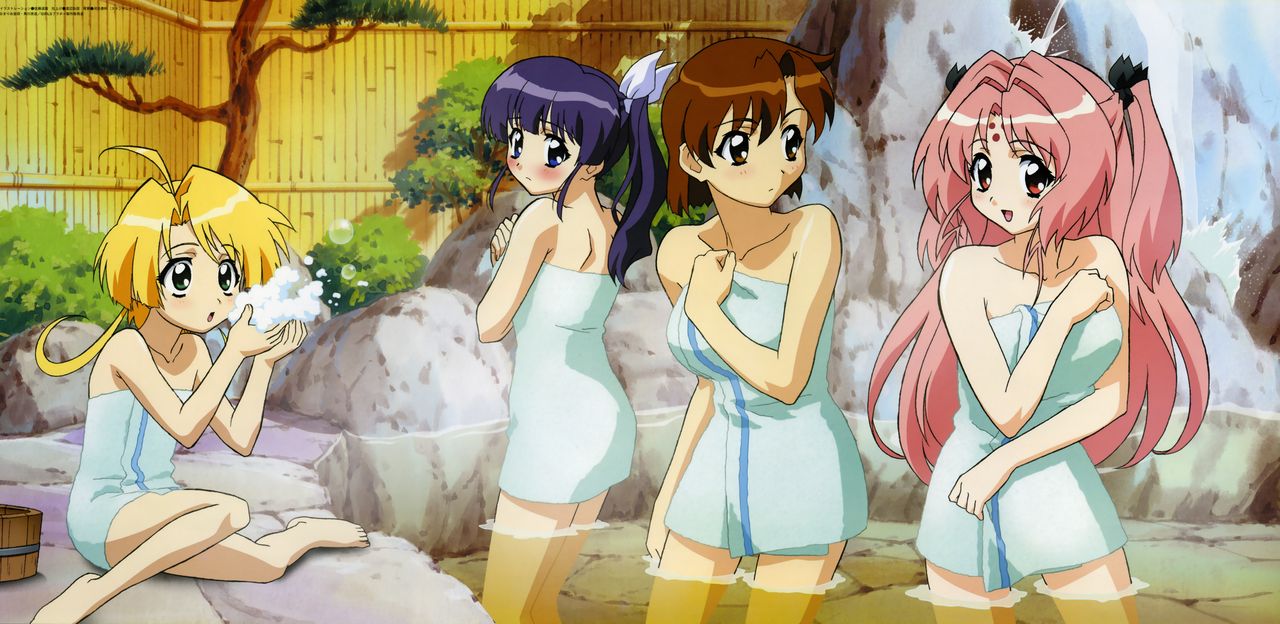 4girls bamboo_fence blonde_hair blowing_bubbles brown_eyes brown_hair bubbles girls_bravo green_eyes hot_spring hot_springs kirie_kojima kojima_kirie koyomi_hare_nanaka light-skinned_female long_hair miharu_sena_kanaka multiple_girls official_art pale-skinned_female pink_eyes pink_hair ponytail poster purple_eyes purple_hair rocks short_hair side_ponytail standing_in_water tomoka_lana_jude towel_only towels water