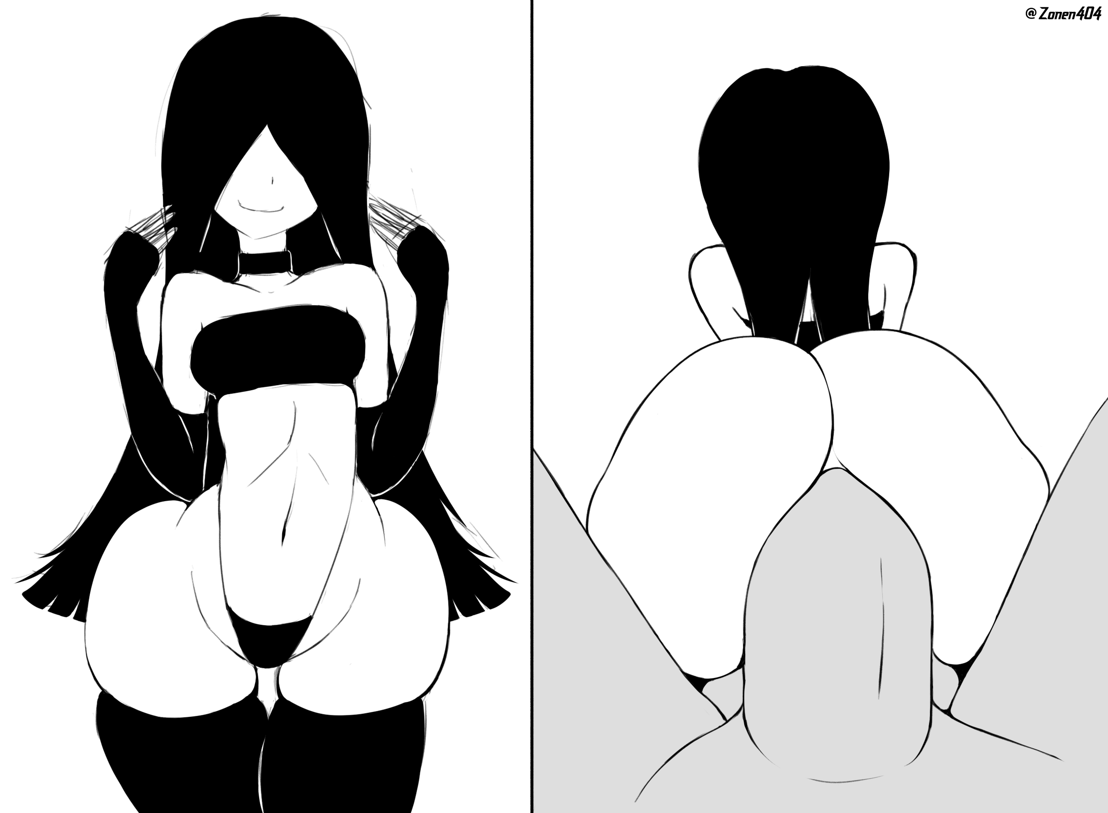 1boy, 1girls, anal, animated, artist name, ass, big ass, big penis, black hair, bra, bubble ass, bubble butt, covered eyes, faceless female, female, ghost girl, gloves, goth, hairbow, highres, large ass, legwear, light skin, light-skinned female, light-skinned male, male, monochrome, original, original character, pale skin, pale-skinned female, pale-skinned male, penis, riding, sex, slim, slim waist, smile, smiling, split screen, spread legs, thick penis, thick thighs, thighhighs, thong, very long hair, zonen404
