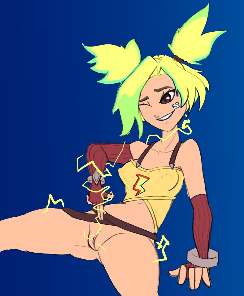 1girls alexdrawsnsfw electricity electricity_manipulation electrostimulation exposed_pussy forced_orgasm green_hair league_of_legends solo_female zeri_(league_of_legends)