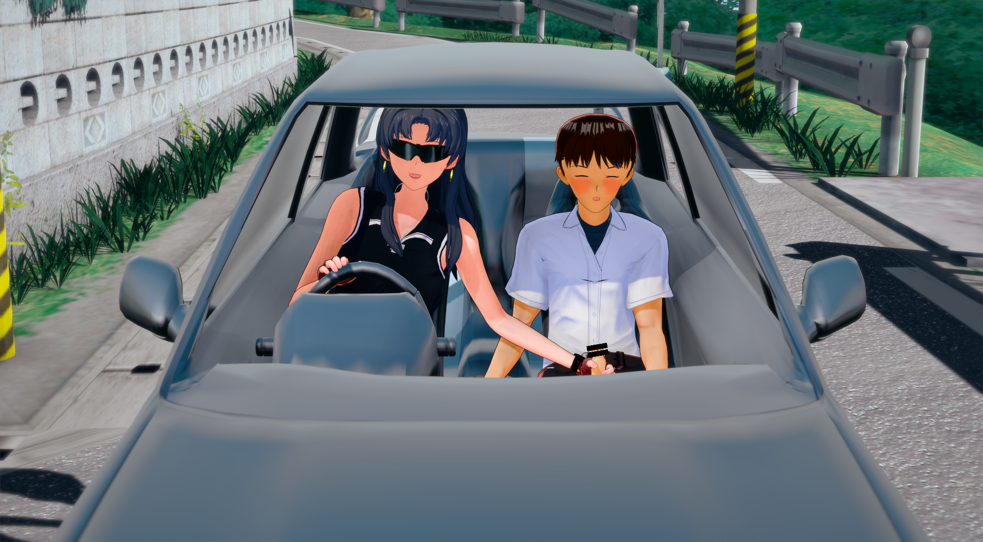 1boy, 1girls, age difference, blush, car, censored, clothed female, clothed sex, clothing, female, glasses, handjob, larger female, male, misato katsuragi, neon genesis evangelion, older female, public sex, shinji ikari, smaller male, younger male