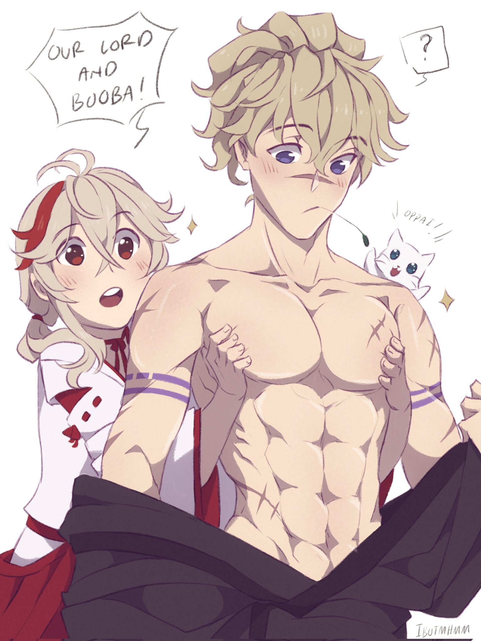 breasts, cute, gay, genshin impact, kaedehara kazuha, male, male only, muscles, tomo (genshin impact), wholesome, yaoi