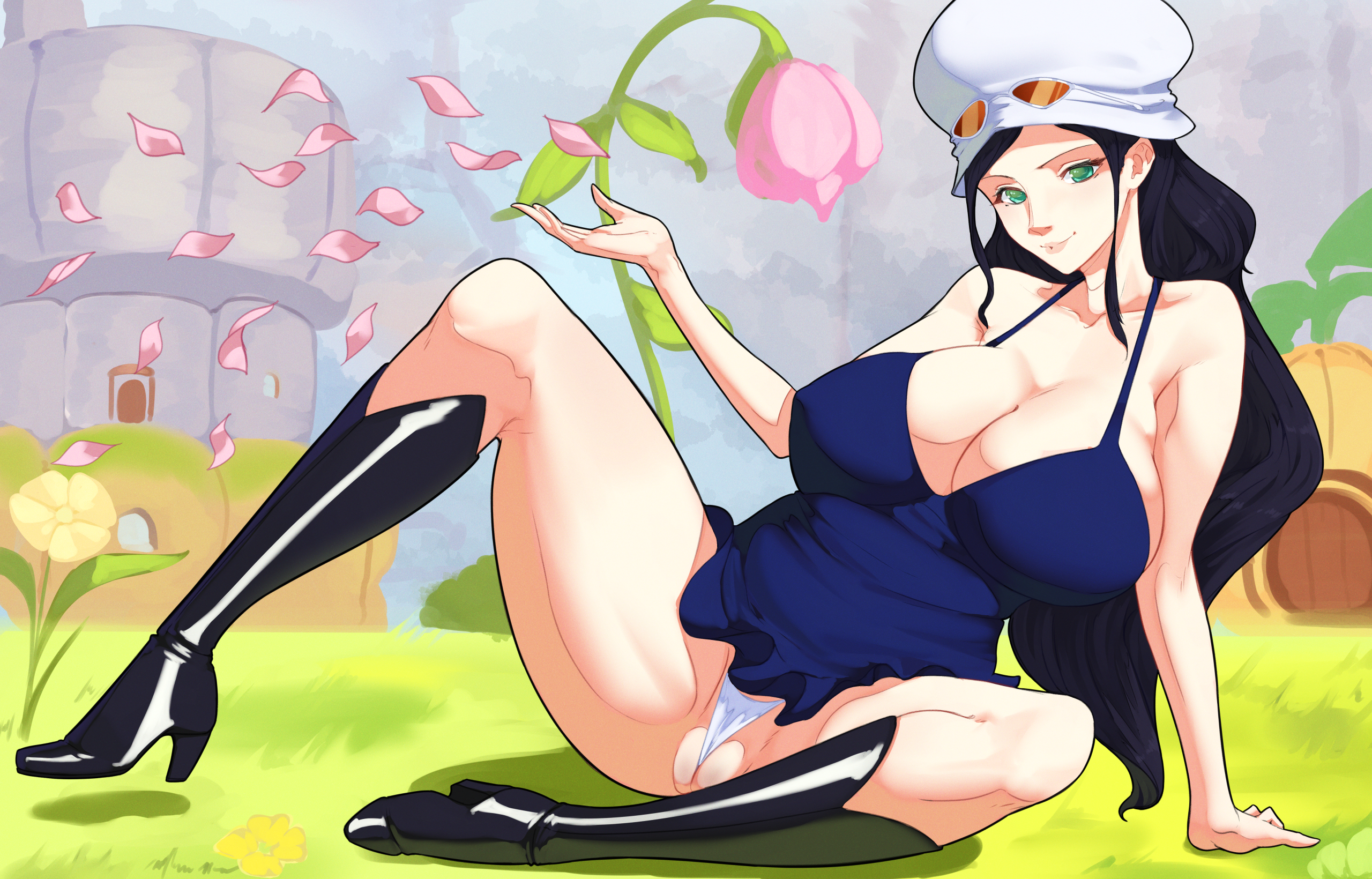 1girls, 47 hard, big breasts, black hair, black-haired female, breasts, cleavage, dress, dressrosa, eyewear on head, female, female only, flower, high heel boots, large breasts, looking at viewer, nico robin, one piece, petals, post-timeskip, pussy, pussy wedgie, small panties, solo, solo female, sunglasses on head, wedgie, white panties