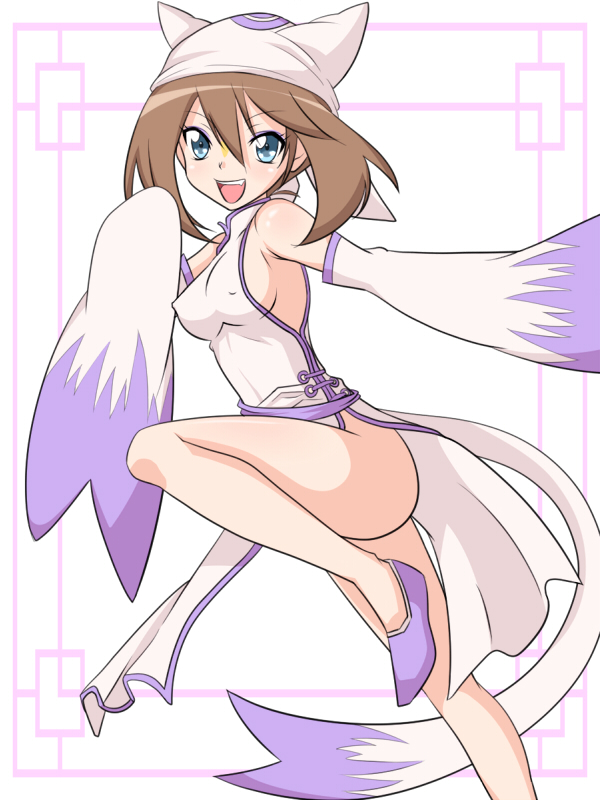 blue eyes, bottomless, breasts, brown hair, chinese clothes, clothed, clothing, cosplay, covered erect nipples, female, game freak, looking at viewer, may (pokemon), mienshao (cosplay), nintendo, nipple bulge, nipples visible through clothing, pokemon, pokemon (cosplay), sfw, sideboob, solo, solo female, yuu-> (macro)