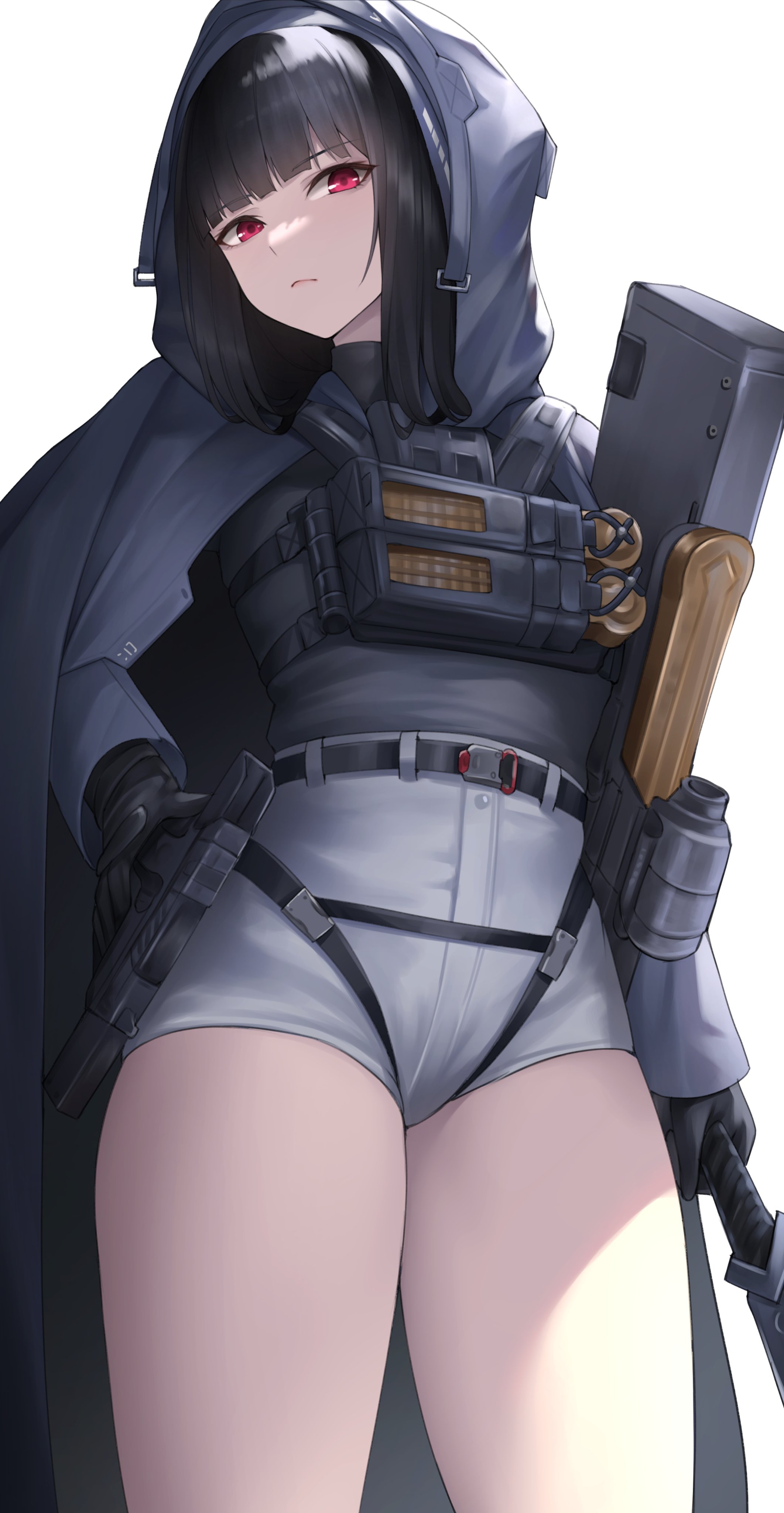 1girls, d (nikke), female, female only, fully clothed, goddess of victory: nikke, gun, kuronerinka, light skin, light-skinned female, looking at viewer, red eyes, short shorts, shorts, thick thighs