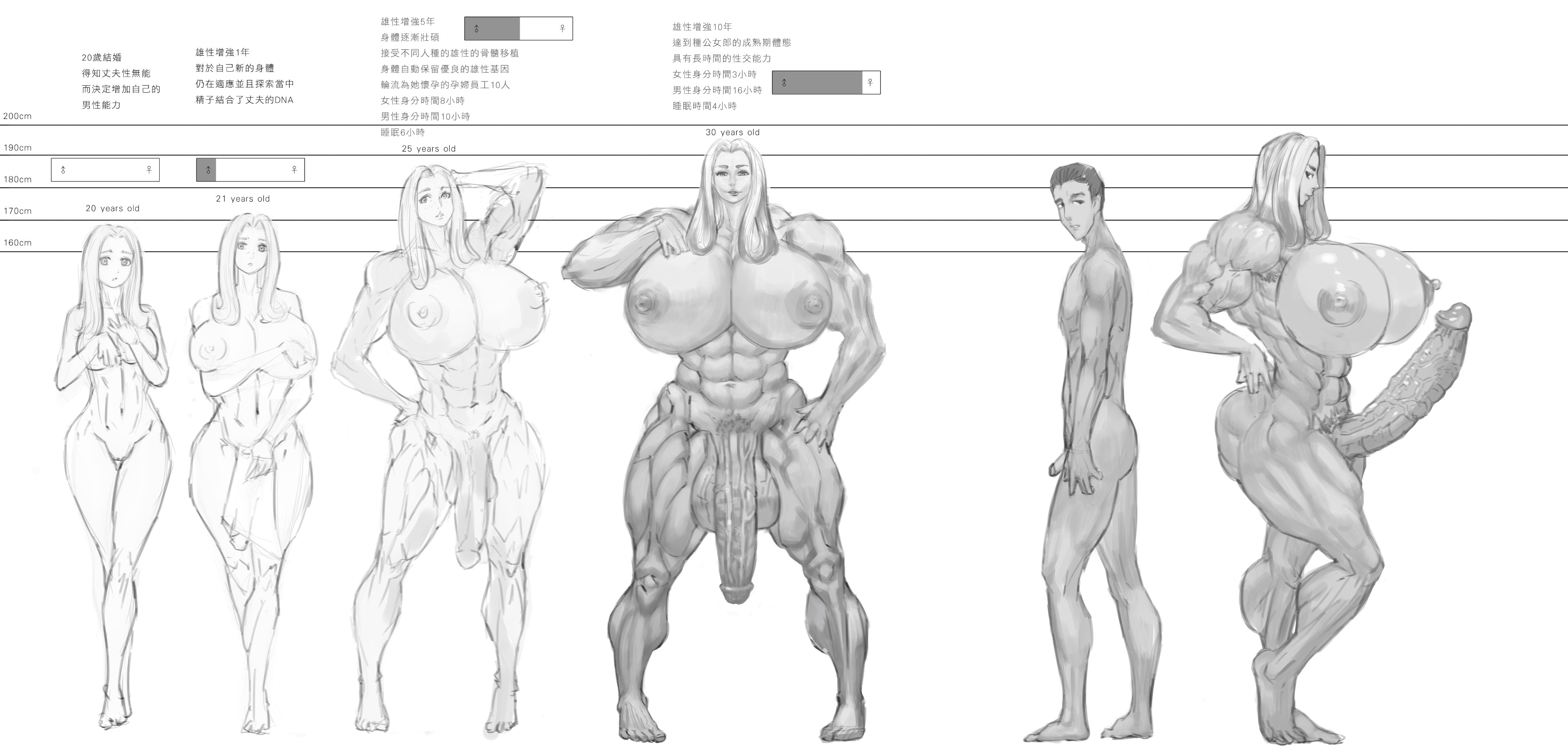 1boy, 1futa, 1girls, abs, age progression, balls, breasts, extreme muscles, female, futa is bigger, futanari, gender transformation, genital growth, gigantic breasts, huge cock, hyper, hyper penis, intersex, male, monochrome, muscle growth, muscles, muscular, muscular futa, penis, penis growth, pubic hair, standing, text, transformation, translation request, veiny penis, zanzou
