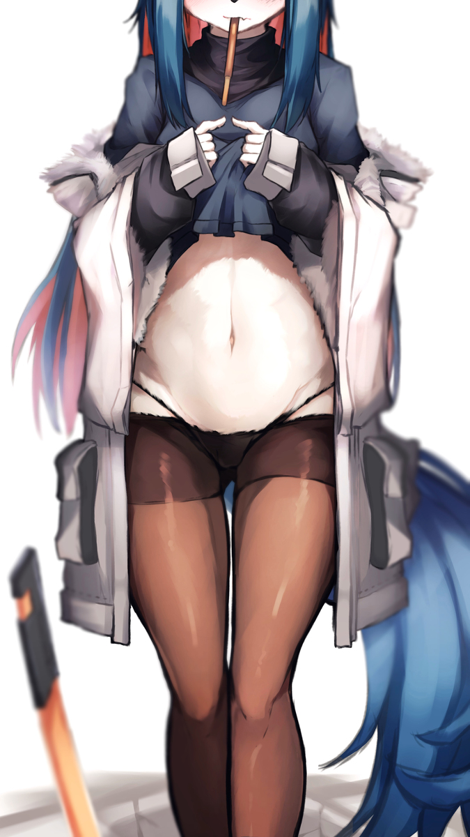 1girls animal_ear_fluff animal_ears arknights belly belly_button blue_tail blush coat_on_shoulders face_out_of_frame fingers_together fur-trimmed_coat fur-trimmed_sleeves fur_trim light-skinned_female light_skin long_sleeves looking_at_viewer multicolored_hair nervous no_pants out_of_frame pantyhose pocky pocky_in_mouth red_hair shy solo solo_female stomach string_panties sword tab_head tagme texas_(arknights) texas_(winter_messenger)_(arknights) thick_legs thighband_pantyhose two_tone_hair underboob voluptuous weapon wolf_ears wolf_girl wolf_tail