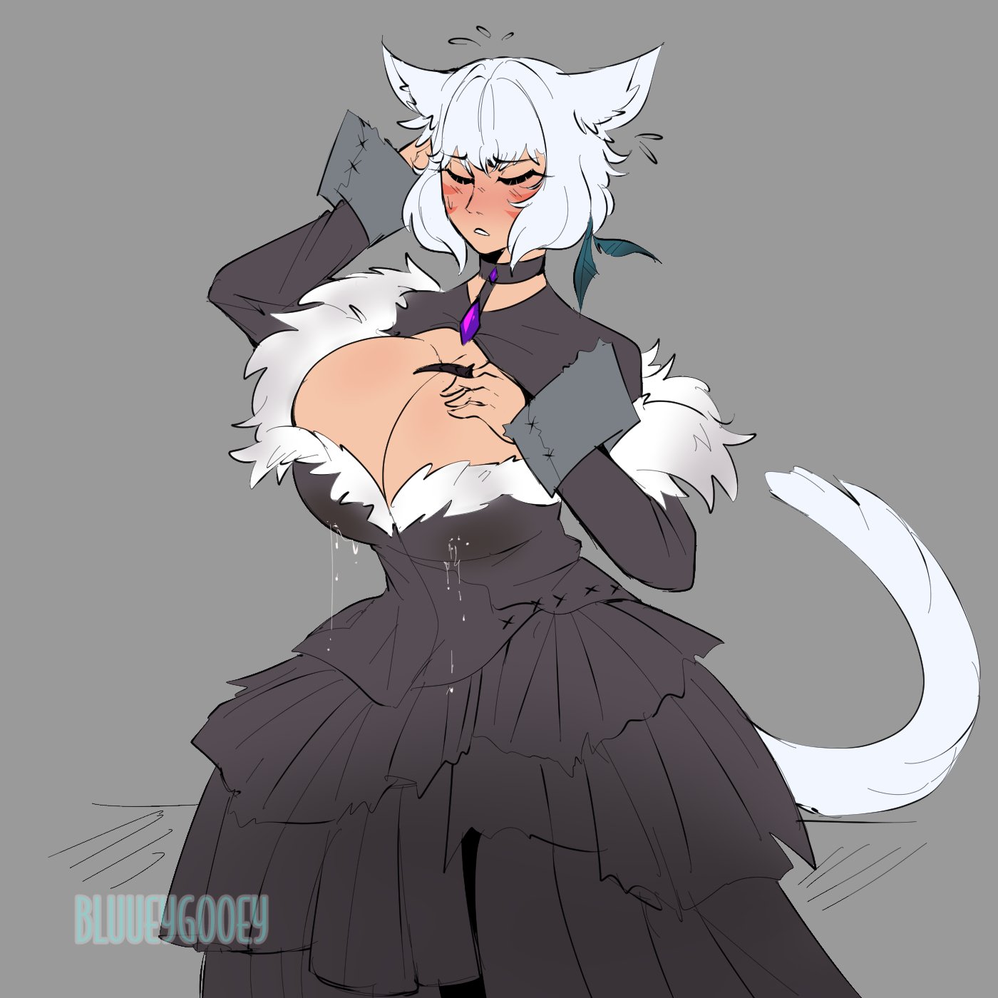 1girls, bangs, black dress, bluueygooey, breasts, choker, cleavage, closed eyes, female, female only, final fantasy, final fantasy xiv, huge breasts, lactation, lactation through clothes, lactation without expressing, miqo'te, solo, white hair, y'shtola