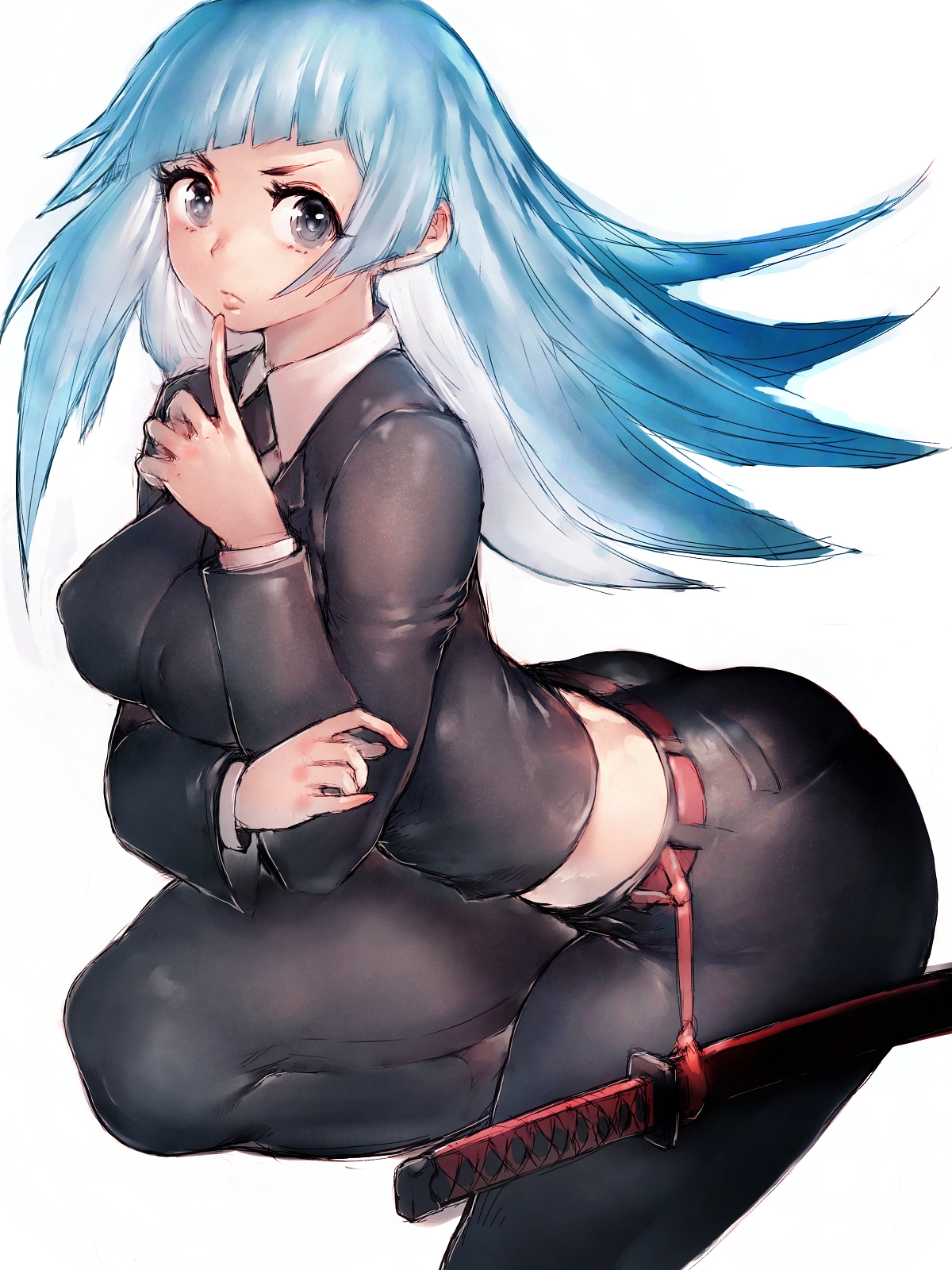 1girls, 2022, ass, blue eyes, blue hair, blue-haired female, breasts, female, female focus, fumio (rsqkr), jujutsu kaisen, kasumi miwa, katana, long hair, looking at viewer, matching hair/eyes, nipple bulge, simple background, slim, solo, solo female, thighs, white background
