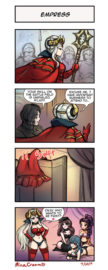 1boy, 2019, 4girls, 4koma, armor, artist name, bed, black legwear, blue hair, breasts, brown hair, byleth (fire emblem), byleth (fire emblem) (female), cleavage, comic, corset, dated, dorothea arnault, edelgard von hresvelg, english text, female, fire emblem, fire emblem: three houses, garter straps, harem, heart, hubert von vestra, lingerie, long hair, male, minacream, multiple females, multiple girls, navel, nintendo, petra macneary, photoshop (medium), post-timeskip, red legwear, silver hair, smile, speech bubble, spoken heart, stomach, text, thighhighs, thong, tiara, underwear, undressing, very long hair, yuri