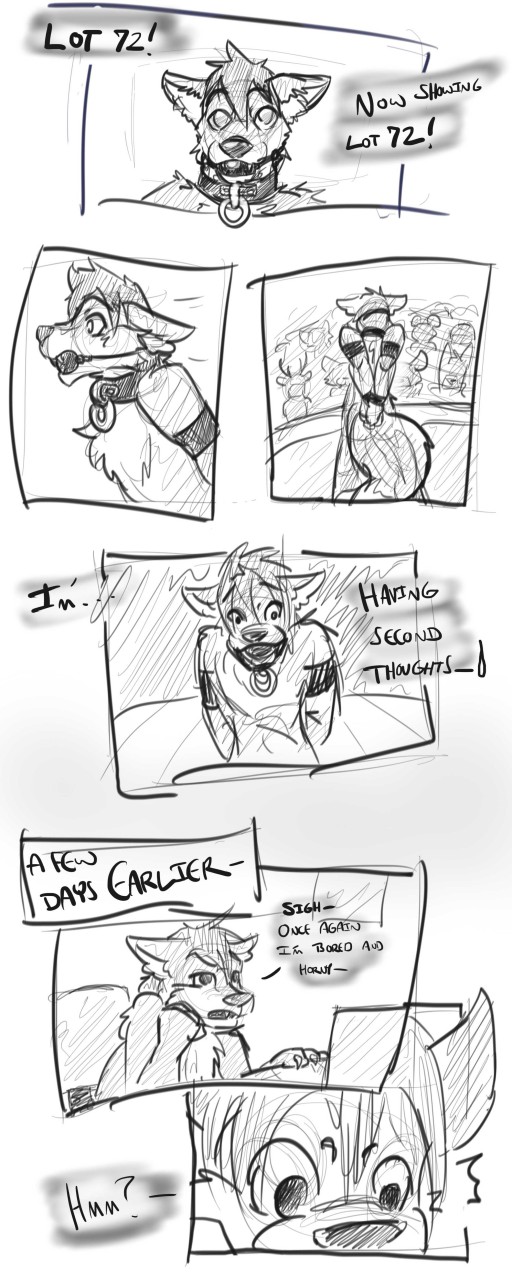 2016 anthro ball_gag biped bound canid cobalt_(tatsuchan18) collar comic dialogue english_text fur gag group hair hi_res male mammal open_mouth speech_bubble standing tatsuchan18 text text_box