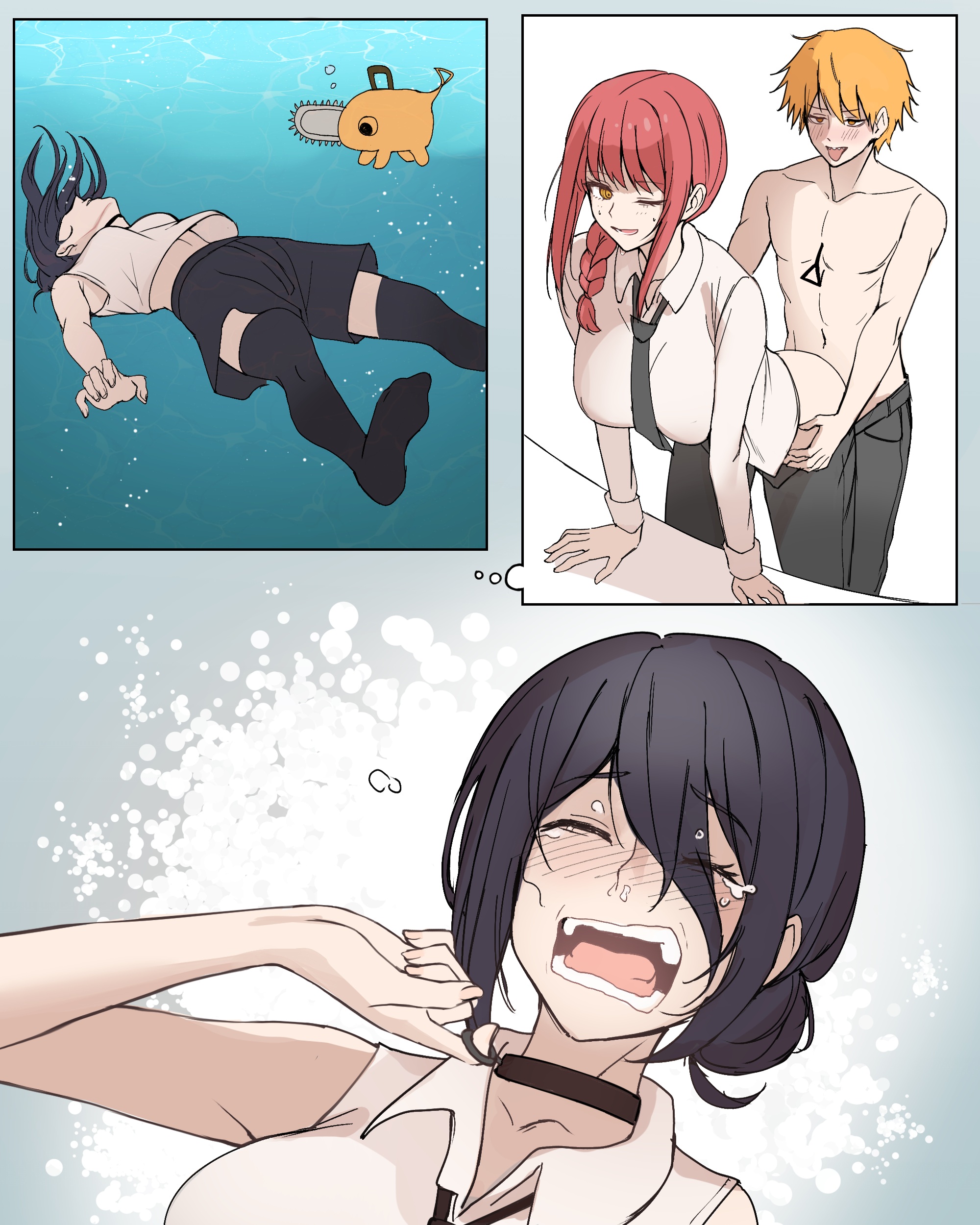 1boy, 2girls, ambiguous penetration, ass, big ass, big breasts, black hair, black pants, blonde hair, blush, braided hair, breasts, chainsaw man, choker, collar, crying, cuckquean, denji (chainsaw man), doggy style, duo, female, fully clothed, grabbing from behind, kazuya crying (meme), long hair, makima (chainsaw man), male, meme, on table, one eye closed, pochita (chainsaw man), red hair, reze (chainsaw man), sex, shirtless, short hair, skirt, straight, tie, tongue, tongue out, underwater, white shirt, yellow eyes