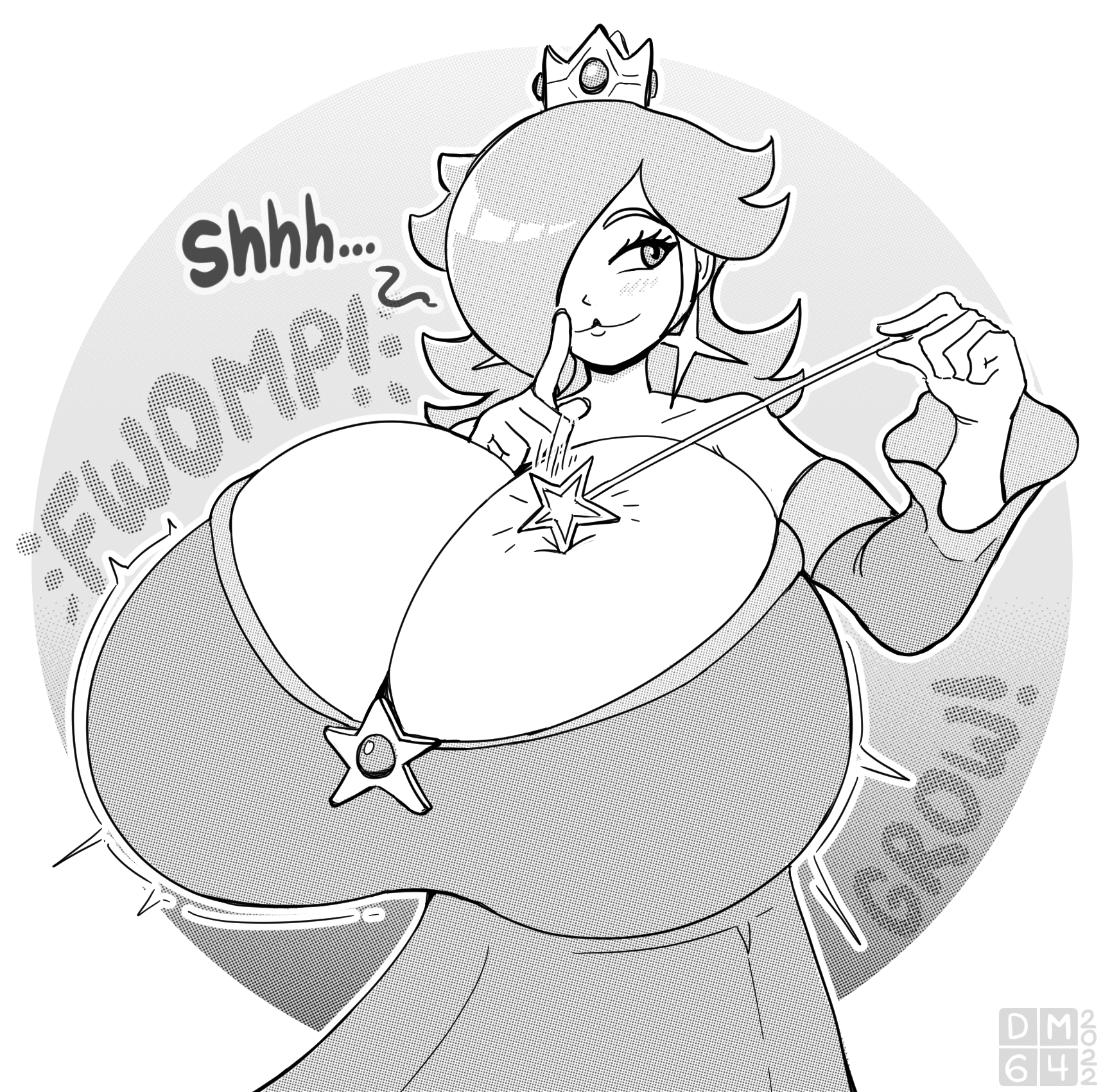 1girls, big breasts, breast expansion, breast growth, breast growth (enlargement), breasts, cleavage, female, female only, hair over one eye, holding object, hyper breasts, large breasts, lucy fuchs, magic, mario (series), monochrome, nintendo, princess rosalina, shh, slight blush, solo, super mario galaxy, wand