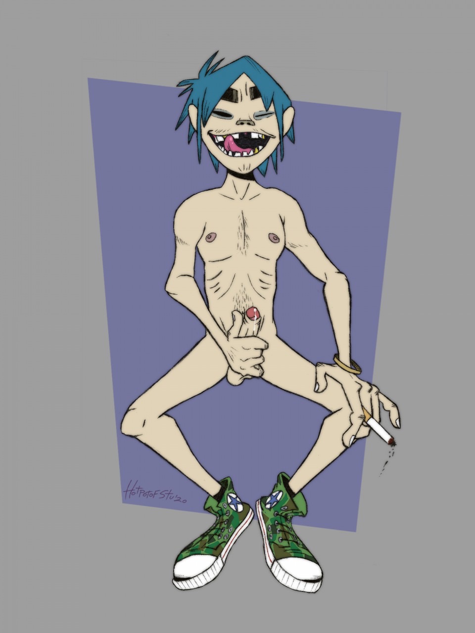 1boy 2020 2d_(gorillaz) bad_teeth blue_hair british cigarette converse converse_shoes feet_together_knees_apart gorillaz hand_on_penis leaking_precum male_masturbation male_only masturbation naked naked_footwear no_clothes nude nude_male open_mouth penis smoking solo_focus solo_male spread_legs squinting thick_eyebrows