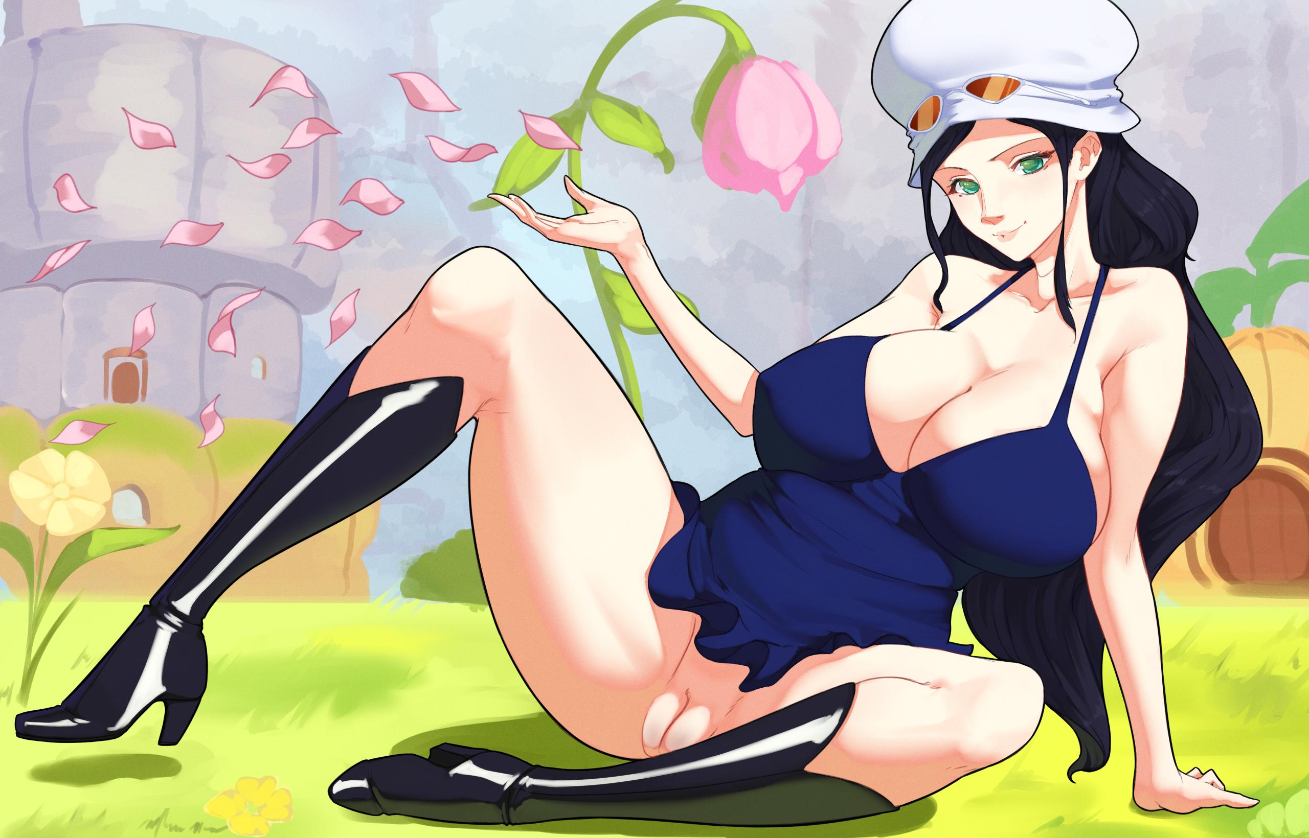 1girls, 47 hard, big breasts, black hair, black-haired female, breasts, cleavage, dress, dressrosa, eyewear on head, female, female only, flower, high heel boots, large breasts, looking at viewer, nico robin, no panties, one piece, petals, post-timeskip, pussy, solo, solo female