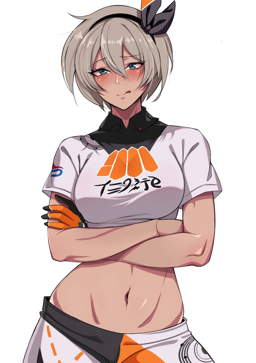 1girls alternate_breast_size arms_crossed arms_crossed_under_breasts bea_(pokemon) big_breasts blush breasts clothed clothing dark-skinned_female dzlily exposed_torso female female_focus female_only gym_leader looking_at_viewer pokemon pokemon_ss short_hair silver_hair slim_waist smile smiling smiling_at_viewer solo solo_female