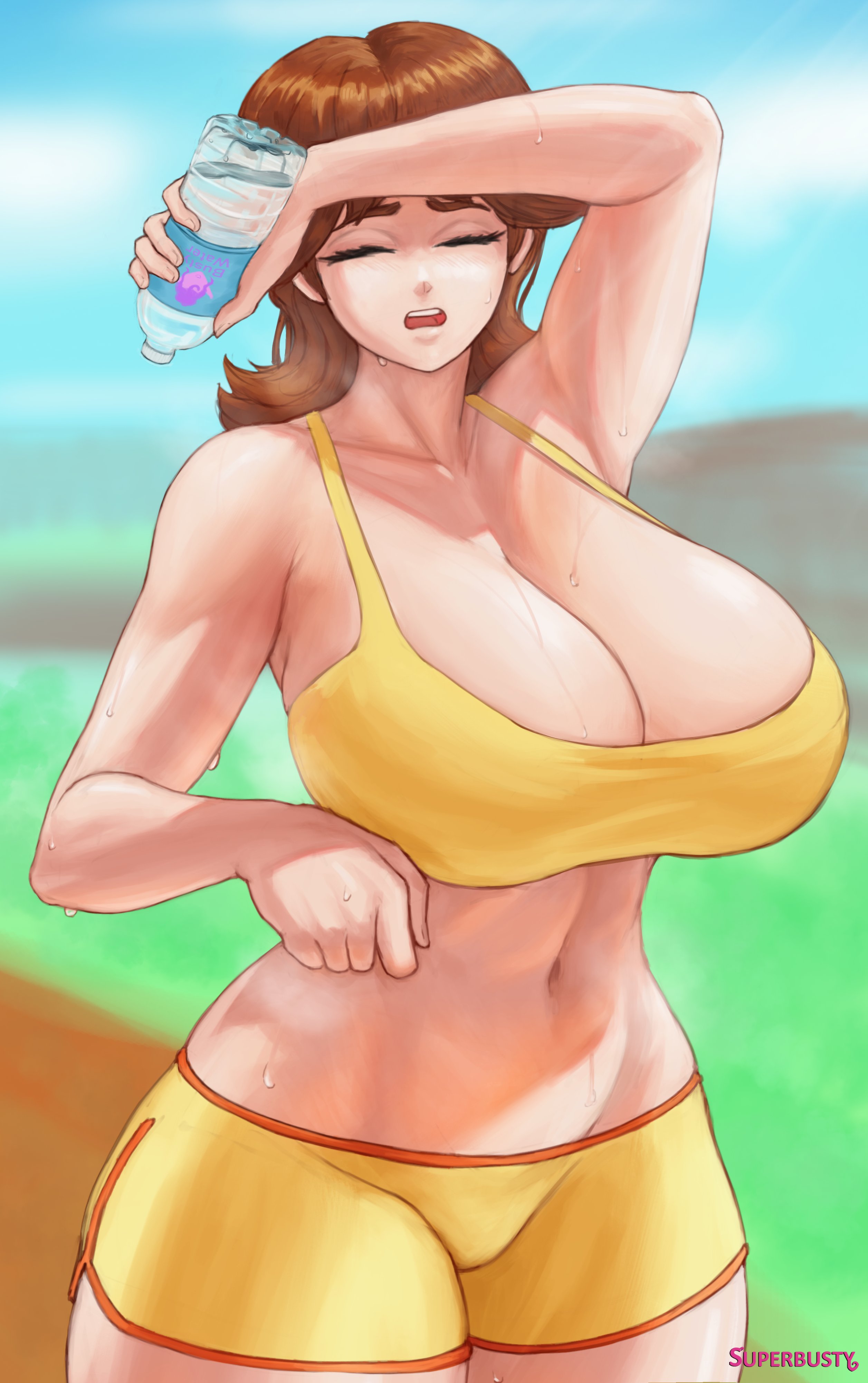 1girls, breasts, brown hair, cleavage, closed eyes, clothing, collar, collarbone, curvaceous, curvy, curvy figure, eyes closed, female, female focus, female only, fully clothed, huge breasts, mario (series), navel, nintendo, outdoors, princess daisy, short shorts, simple background, solo, solo female, solo focus, sportswear, standing, superbusty, sweat, sweatdrop, sweaty, thick thighs, toned, toned belly, toned body, toned female, toned stomach, voluptuous, wide hips, workout, workout clothes