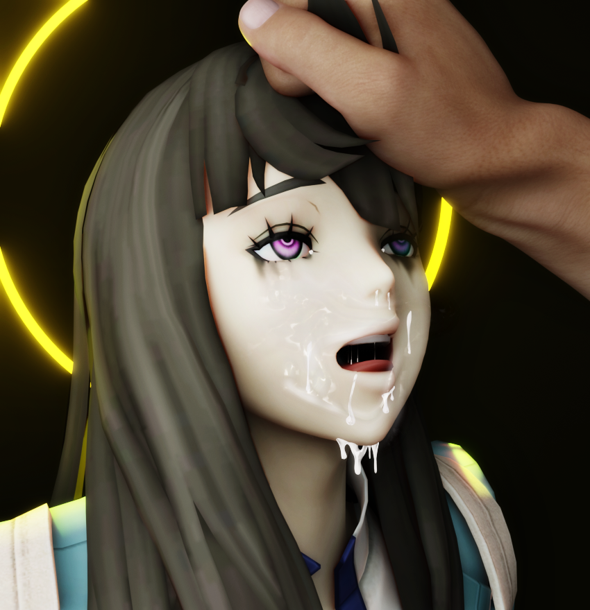 3d after_blowjob after_deepthroat after_fellatio after_oral amateurthrowaway atlus blowjob cum cum_in_mouth cum_in_nose cum_on_cheeks cum_on_chin cum_on_face cute fellatio fringe hair_grab isonokami_tao_(megami_tensei) makeup makeup_running male mascara mascara_tears open_mouth oral running_mascara runny_makeup shin_megami_tensei shin_megami_tensei_v teenager tongue_out