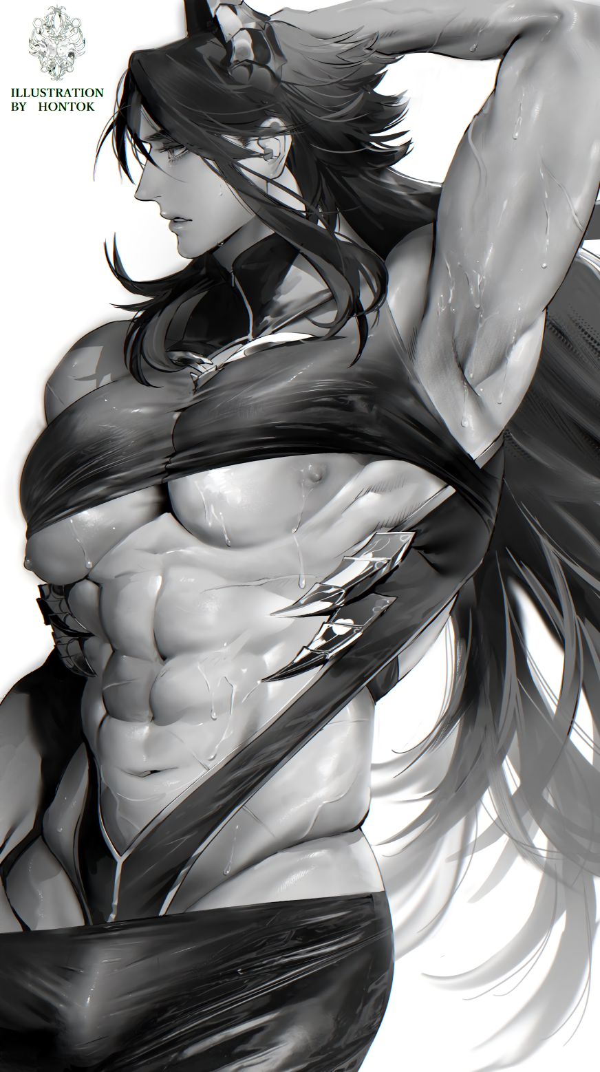 1boy abs ambush_(trap) armpits bishonen black_hair bulge femboy long_hair long_hair_male male monochrome muscles muscular_male navel nipples pecs solo sweat toned toned_male underpec wadani_hitonori