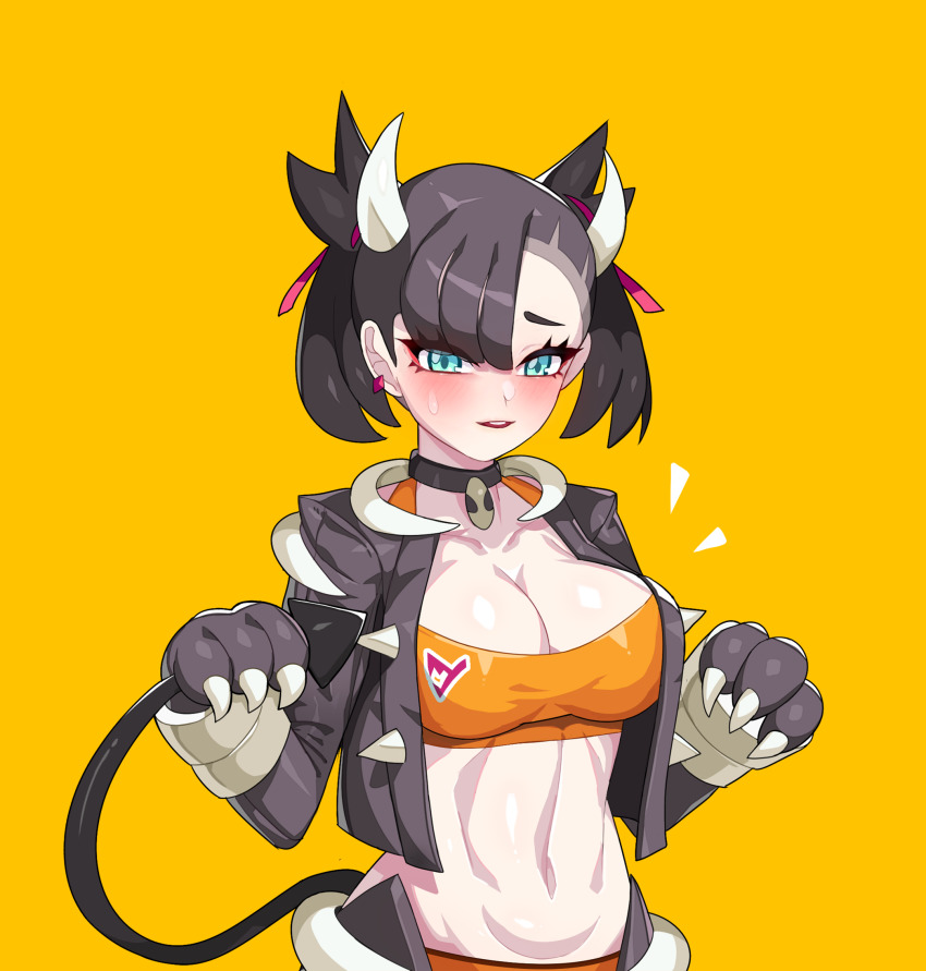 alternate_breast_size asymmetrical_bangs bangs big_breasts black_hair blue_eyes blush breasts choker clothing cosplay drunkoak eyeshadow game_freak horns houndoom_(cosplay) jacket makeup marnie_(pokemon) midriff nintendo paw_gloves paw_pose pokemon pokemon_(cosplay) pokemon_ss red_eyeshadow solo solo_female w_arms yellow_background