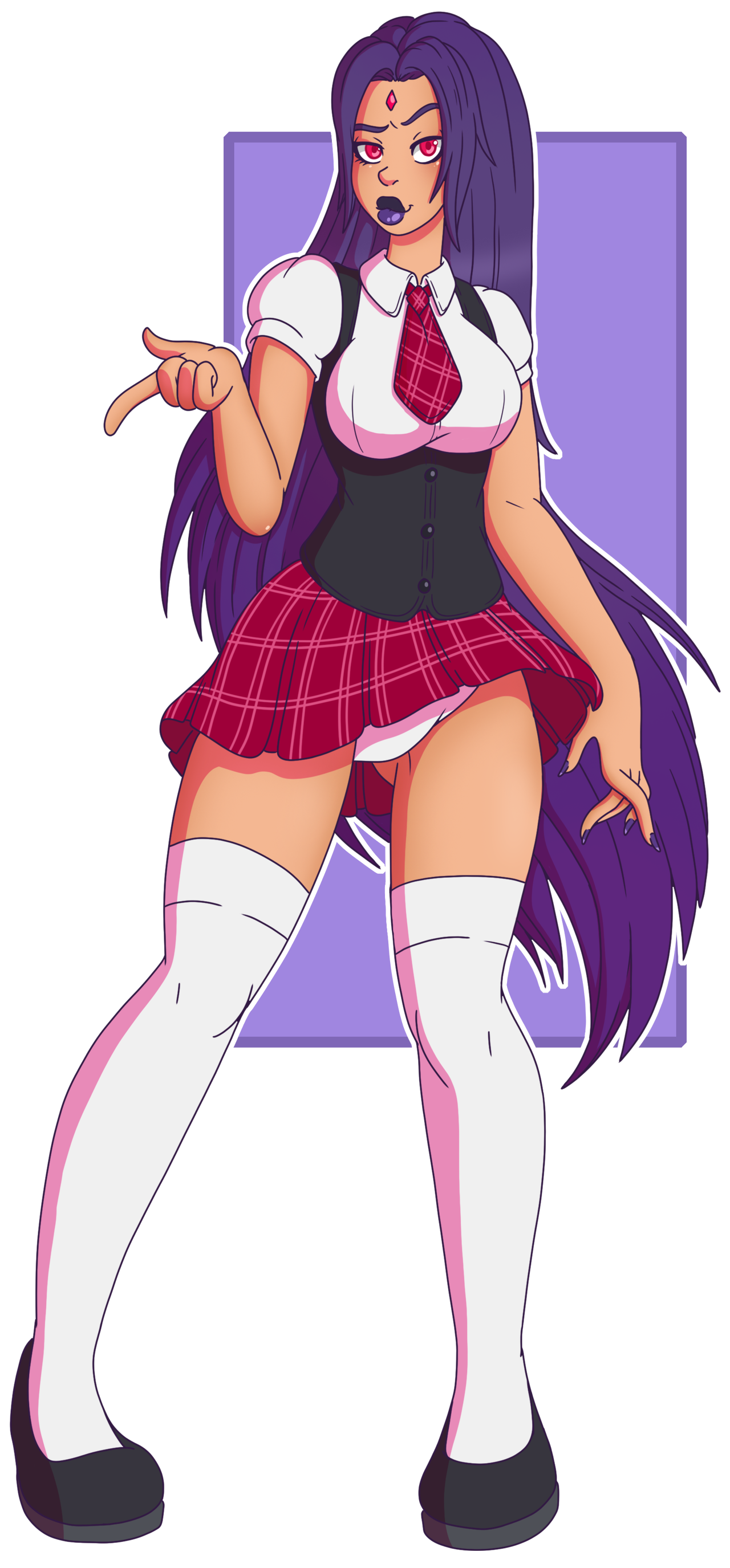 1girls, breasts, clothed, clothed female, dc, dc comics, facing viewer, female, female only, forehead jewel, jewel on forehead, large breasts, long hair, looking at viewer, necktie, painted nails, panties, panty peek, pantyshot, plaid skirt, purple hair, purple lipstick, rachel roth, raven (dc), red eyes, school uniform, shoes, short sleeves, skirt, skirt lift, standing, story at source, straight hair, tagme, teen titans, thick lips, thick thighs, thighhighs, thighs, very long hair, wrenzephyr2, zettai ryouiki