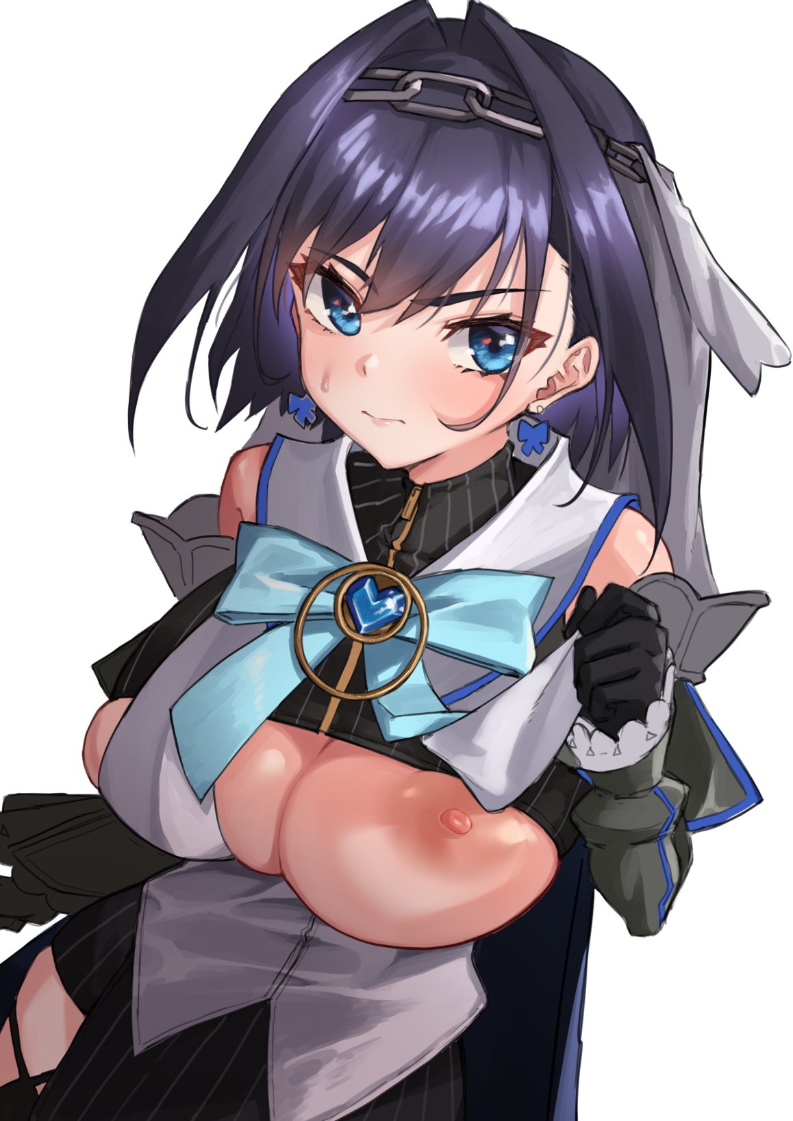 1girls, 2021, big breasts, blue eyes, breast slip, breasts, embarrassed, female, female focus, female only, hololive, hololive english, hololive english -council-, hololive english -promise-, kumamiya, lifted, lifted by self, lifting, one breast out, ouro kronii, simple background, solo, solo female, virtual youtuber, white background