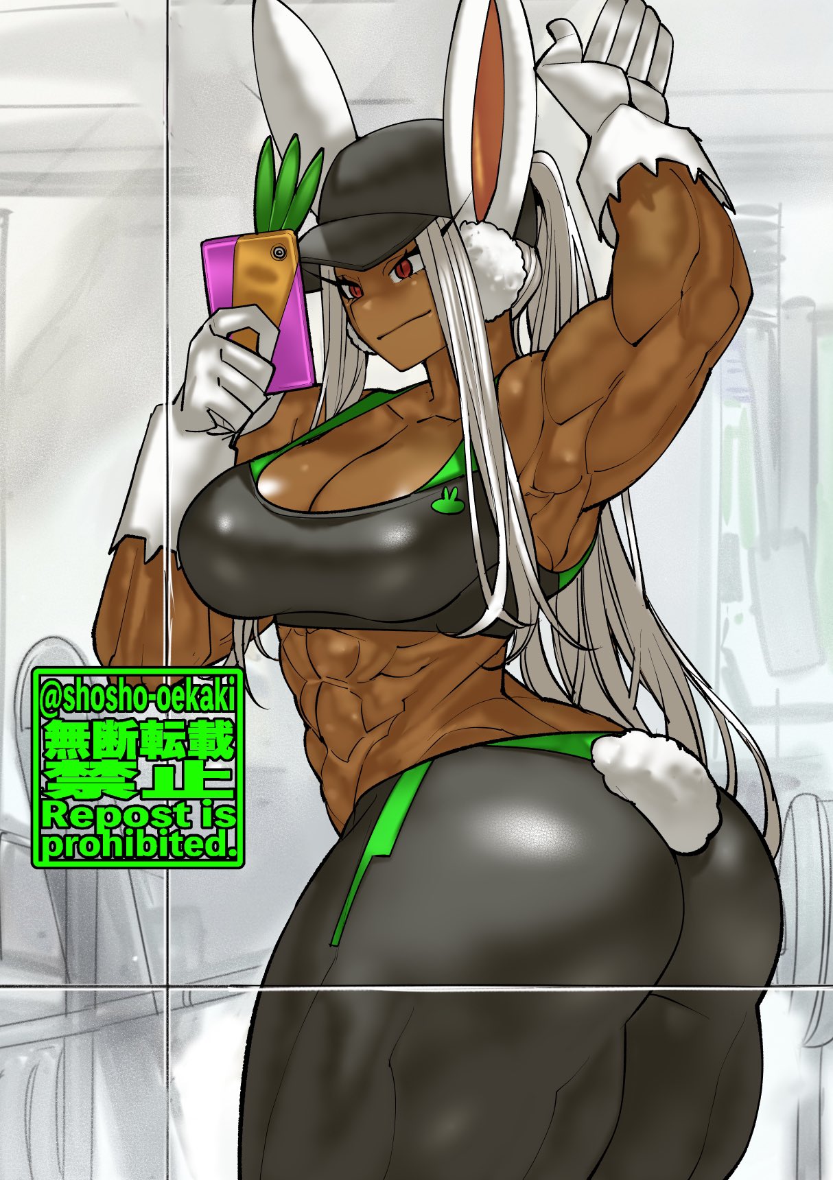 1girls, abs, armpits, ass, big ass, big butt, breasts, bunny ears, cap, cleavage, dark skin, dark-skinned female, female, female only, fit, fully clothed, gloves, hat, large ass, long hair, looking back, miruko, muscular, muscular female, my hero academia, phone, red eyes, rumi usagiyama, selfie, shosho oekaki, six pack, solo, solo female, white background, yoga pants