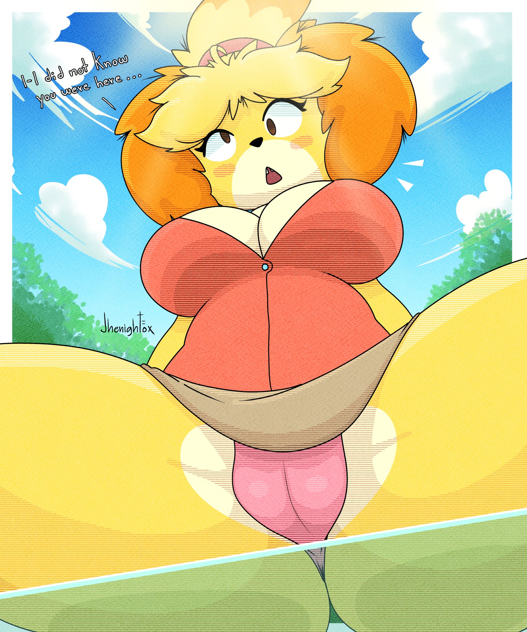1girls, 2022, animal crossing, animal ears, anthro, ass on glass, big breasts, blush, breasts, busty, buttons, canid, canine, canis, clouds, derp eyes, derpybelle, dialogue, dog ears, english text, female, female only, fur, furry, furry only, glass, hair ornament, hair tie, hairbun, hi res, isabelle (animal crossing), jhenightfox, legs apart, looking at viewer, mouth open, movement lines, nintendo, notice lines, outside, panties, plump labia, plump pussy, pov, pussy, pussy bulge, shocked, sitting on glass, skirt, sky, solo, solo female, tagme, text, thick thighs, tree, under skirt