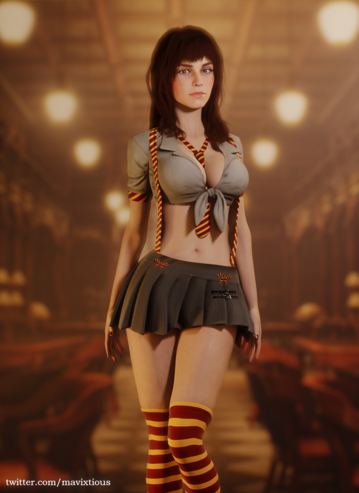 1girls, 3d, background, blurry, blurry background, breasts, brown eyes, brown hair, cleavage, crop top, emma watson, eyes, female, female only, front view, grey clothing, gryffindor, gryffindor tie, harry potter, hermione granger, human, human only, indoors, kneehighs, large breasts, legwear, light skin, light-skinned female, long hair, looking at viewer, mavixtious, medium breasts, midriff, miniskirt, nail polish, necktie, necktie between breasts, neckwear, open eyes, pleated skirt, ribbon, ribbons, school uniform, schoolgirl, shirt, short skirt, short sleeves, skirt, solo, solo female, solo focus, standing, stockings, striped, striped legwear, striped neckwear, striped thighhighs, striped tie, stripes, student, thighhighs, tie, tied shirt, uniform, witch (harry potter)