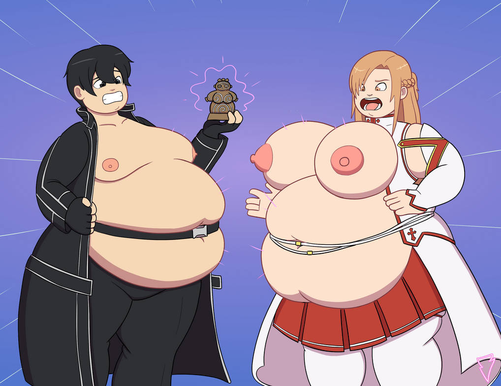 belt big_belly black_eyes black_hair braided_hair brown_eyes brown_hair csmkynes fat huge_breasts idol kirigaya_kazuto kirito moobs obese open_mouth overweight plump skirt sword_art_online weight_gain yuuki_asuna