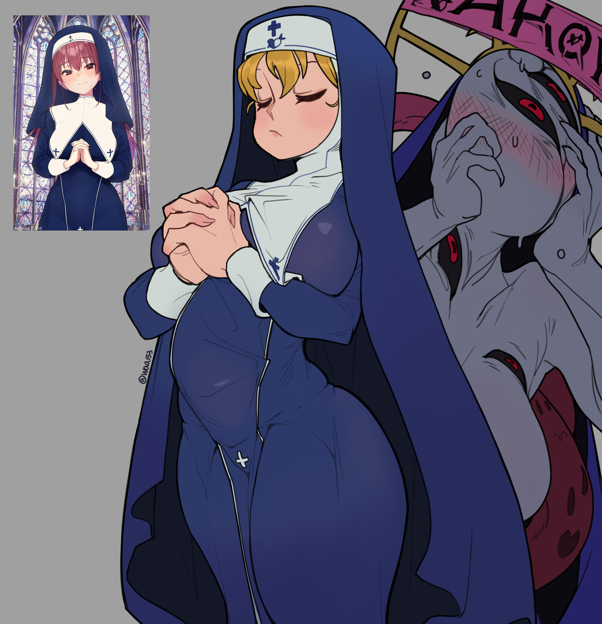 1girls, big breasts, blonde hair, blush, breasts, chubby, clothed, clothing, double (skullgirls), female, female only, fully clothed, hololive, hololive fantasy, hololive japan, houshou marine, houshou marine (nun), human, large breasts, nun, red hair, skullgirls, solo, standing, thick thighs, virtual youtuber, waa153, wide hips