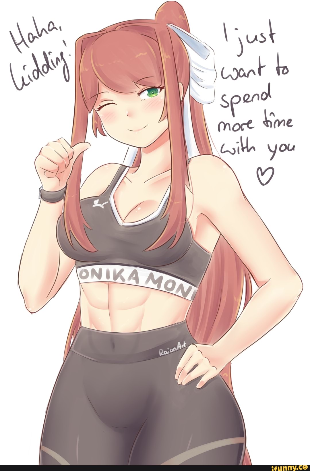 1girls abs big_breasts brown_hair busty child_bearing_hips cleavage covered_navel doki_doki_literature_club english_text female female_only green_eyes hair_ribbon hand_on_hip heart ifunny large_breasts looking_at_viewer monika_(doki_doki_literature_club) one_eye_closed pants ponytail raionart smile solo sports_bra thick_thighs thighs thumbs_up watermark wink yoga_pants