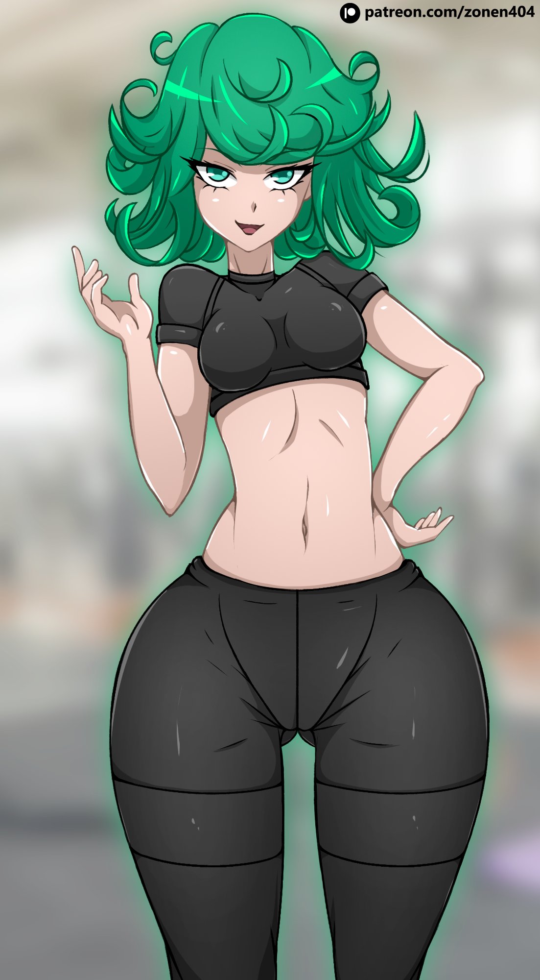 1girls, ass visible through thighs, belly button, black clothing, breasts, female, female only, green eyes, green hair, gym clothes, one-punch man, short hair, slim, slim female, slim waist, solo, tagme, tatsumaki, thick thighs, thighs, wide hips, zonen404