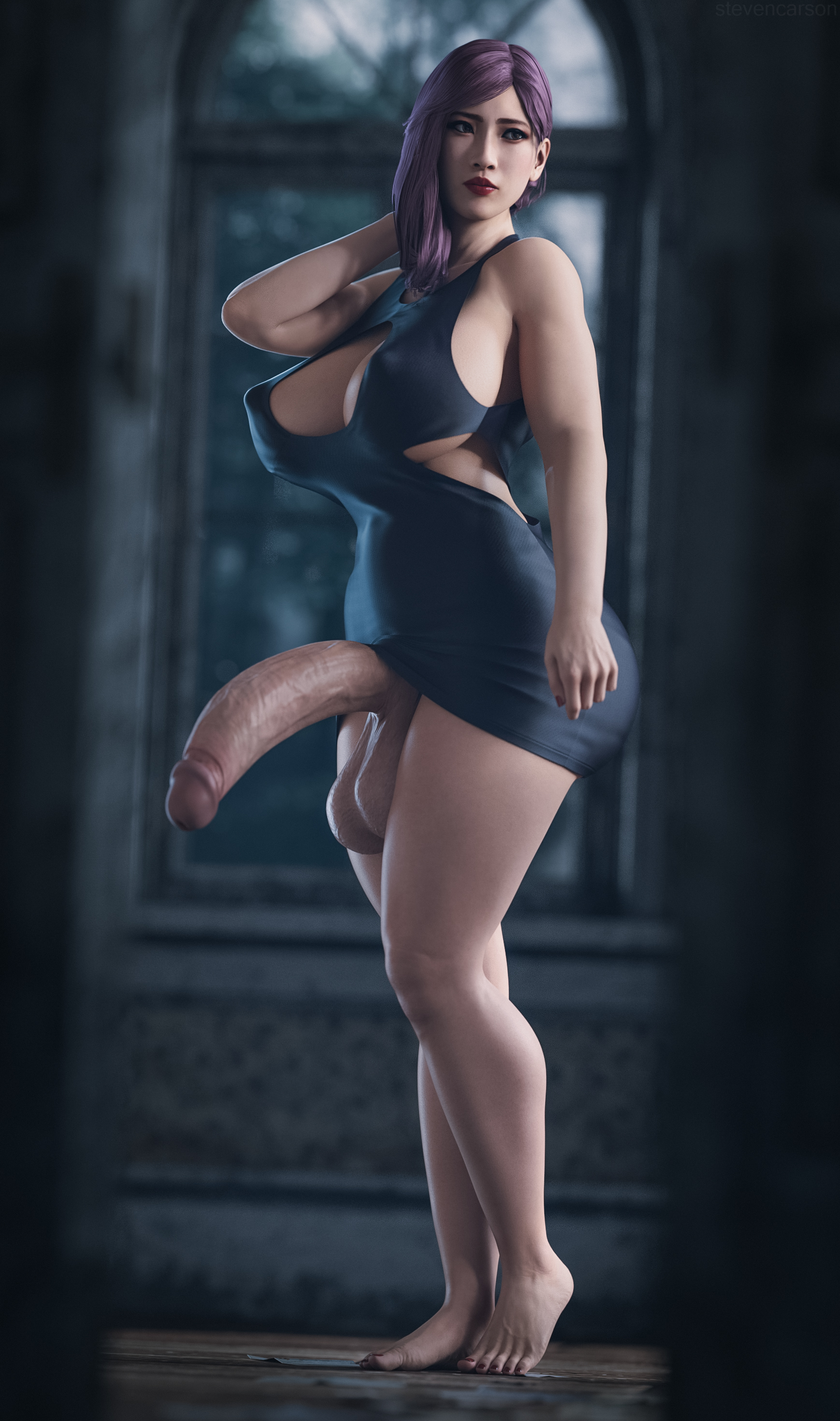 1futa, 3d, ass, big ass, big breasts, big penis, breasts, clothing, erect nipples, erection, feet, futa only, futanari, huge cock, ineffective clothing, intersex, jewelry, large breasts, lipstick, makeup, minidress, mostly clothed, nipples, penis, purple hair, ryuu ga gotoku, seong-hui, solo, standing, stevencarson