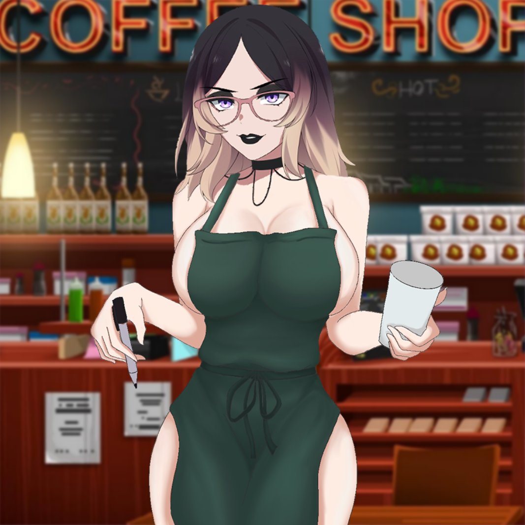 apron apron_only breasts casual coffee eyewear female glasses human iced_latte_with_breast_milk marinaboo outerwear pale_skin public purple_eyes starbucks two_tone_hair virtual_youtuber