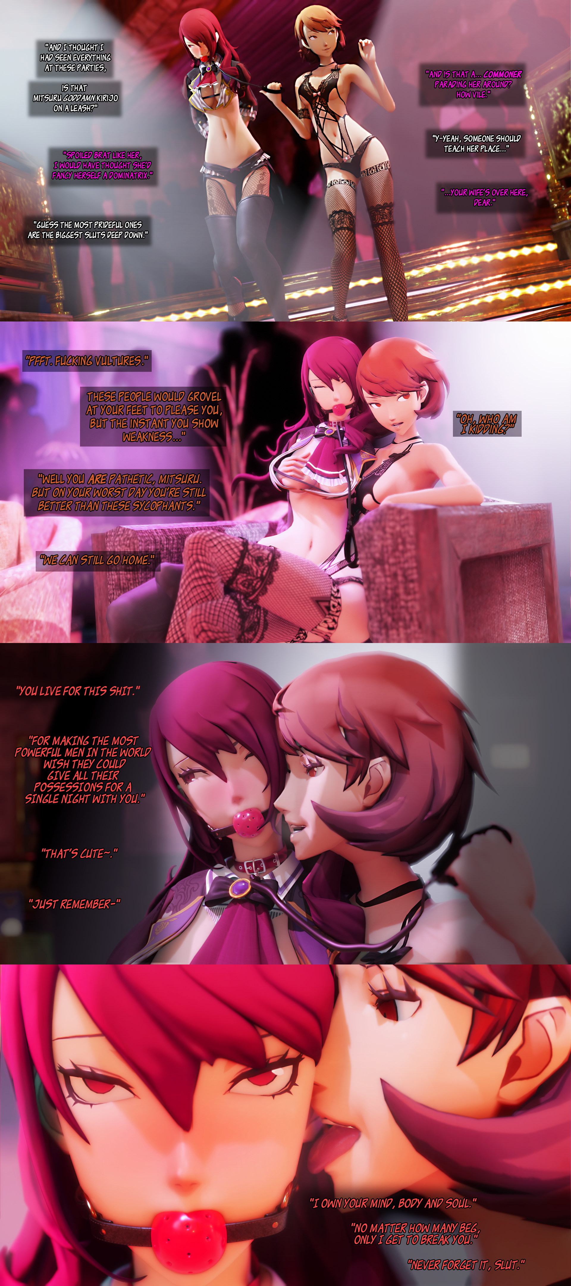 amateurthrowaway, ass, atlus, ball gag, big ass, big breasts, big butt, big hips, big thighs, bondage, breast grab, breast grab from behind, breasts, chained collar, cleavage, collar, dialogue, english text, female, female focus, female only, femdom, femsub, hourglass figure, huge ass, huge breasts, huge butt, huge hips, huge thighs, humiliation, large ass, large breasts, large butt, leash, lezdom, megami tensei, mitsuru kirijo, party, persona, persona 3, public, slave, text, wide hips, yukari takeba, yuri