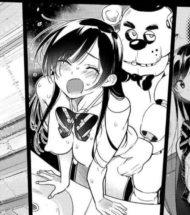 1girls, animatronic, blush, breasts, censored, closed eyes, crossover, doggy style, female, five nights at freddy's, freddy (fnaf), kanojo okarishimasu, medium breasts, meme, mizuhara chizuru, moaning, monochrome, netorare, nude, open mouth, sex, sex from behind, straight, weird crossover, what