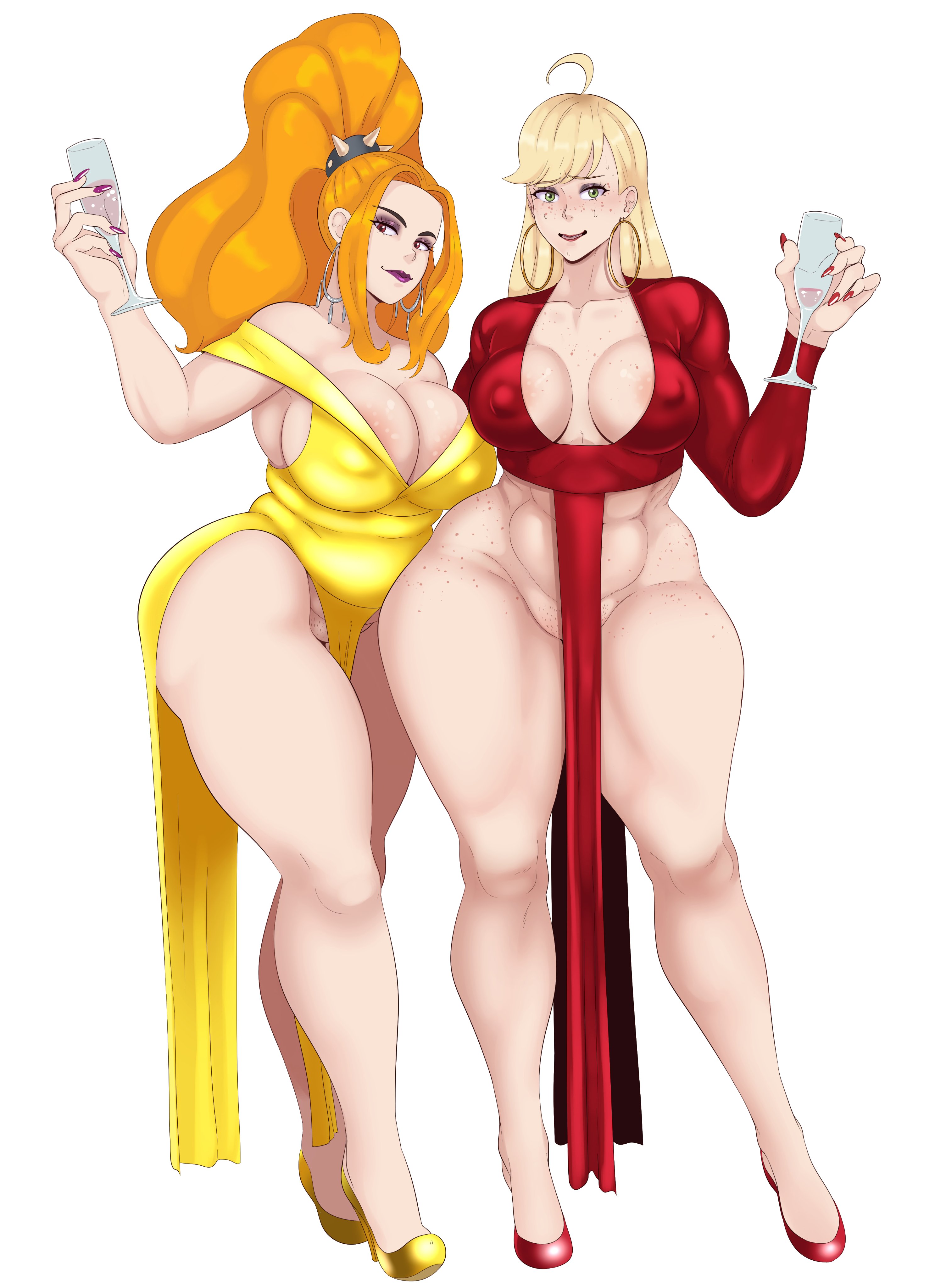 2girls, adagio dazzle, applejack (mlp), ass, bangs, blonde, blonde hair, breasts, child bearing hips, cleavage, dress, drinks, ear piercing, earrings, equestria girls, female, female focus, female only, friendship is magic, hasbro, high heels, hoop earrings, hoop earrings oversized, huge ass, humanized, lipstick, looking at viewer, my little pony, nail polish, nails, orange hair, ponytail, slightly chubby, straight hair, sunnysundown, thick thighs, wide hips