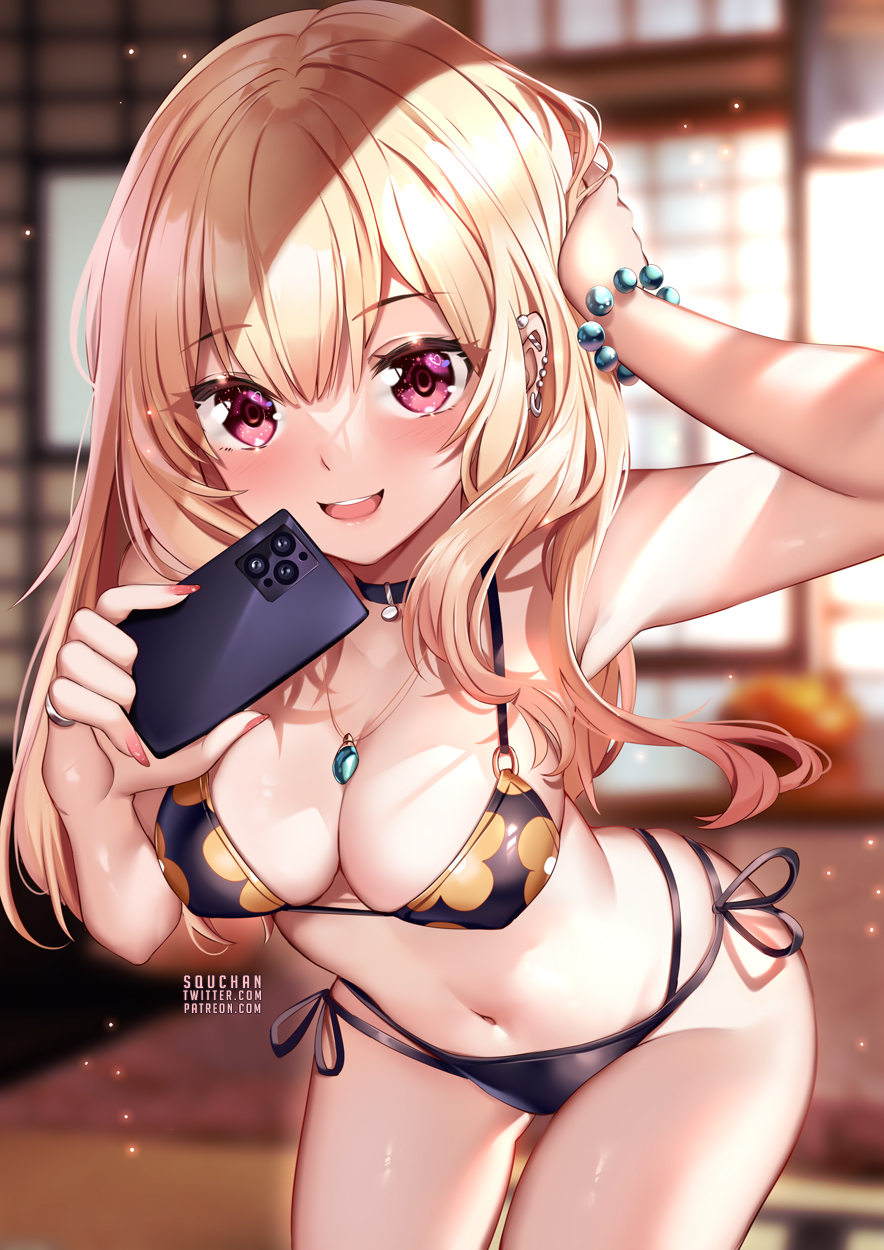 1girls, 2022, bikini, black bikini, blonde hair, blush, breasts, choker, female, female only, flower pattern, gyaru, hips, holding object, indoors, kitagawa marin, large breasts, long hair, looking at viewer, necklace, phone, red eyes, side-tie bikini, slim waist, smile, smiling at viewer, sono bisque doll wa koi wo suru, squchan, thick thighs, thighs, wide hips
