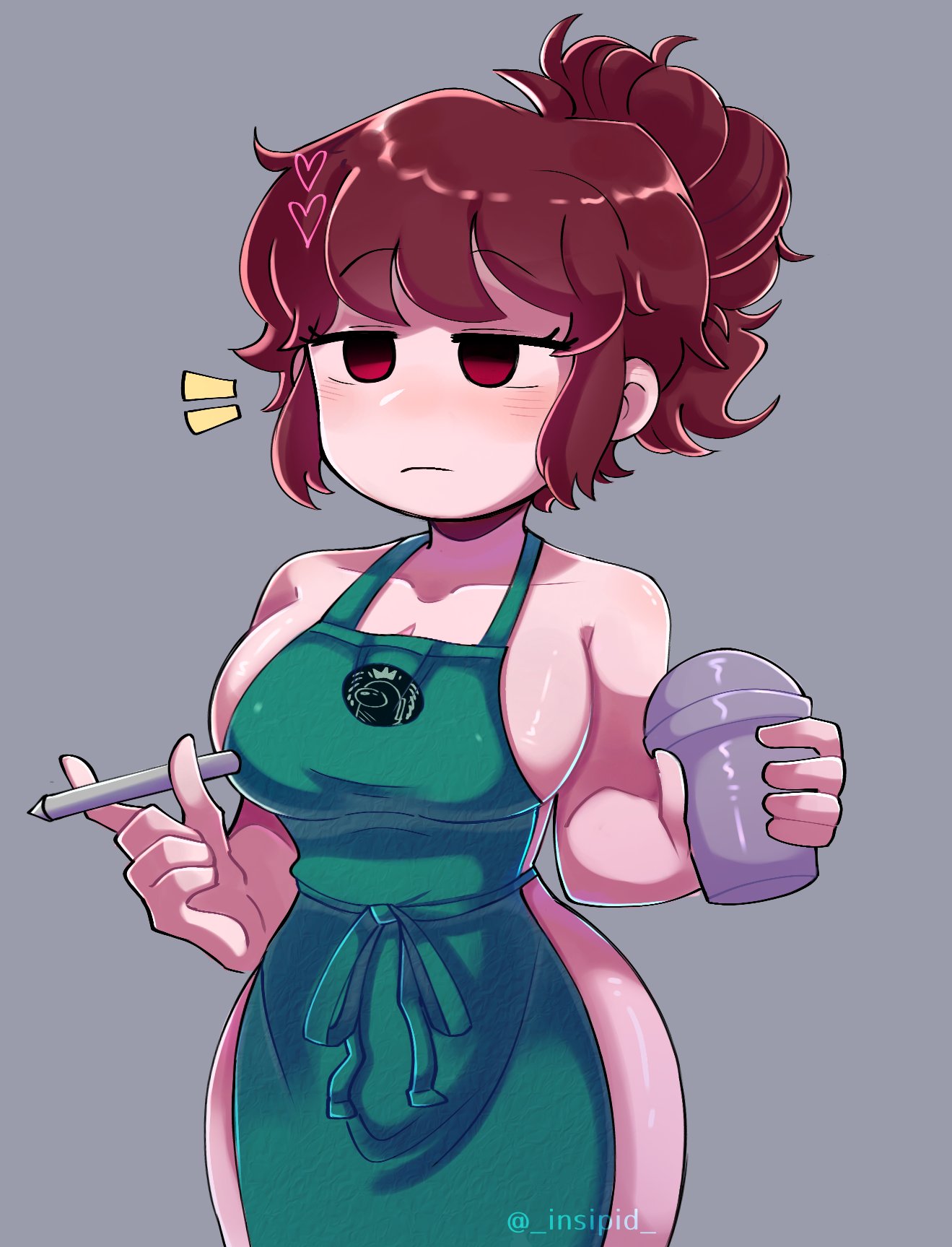 1girls, alternate version at source, alternate version available, among us, apron, black eyebrows, black eyelashes, blush, blushing, boobs, breasts, burgundy hair, cleavage, collarbone, cup, empty eyes, female, female only, friday night funkin, girlfriend (friday night funkin), green apron, grey background, hearts, iced latte with breast milk, insipid, meme, messy hair, naked apron, partially clothed, partially nude, pen, pink hearts, pink skin, ponytail, red eyes, sideboob, simple background, solo, solo female, standing, starbucks, startled, upper body