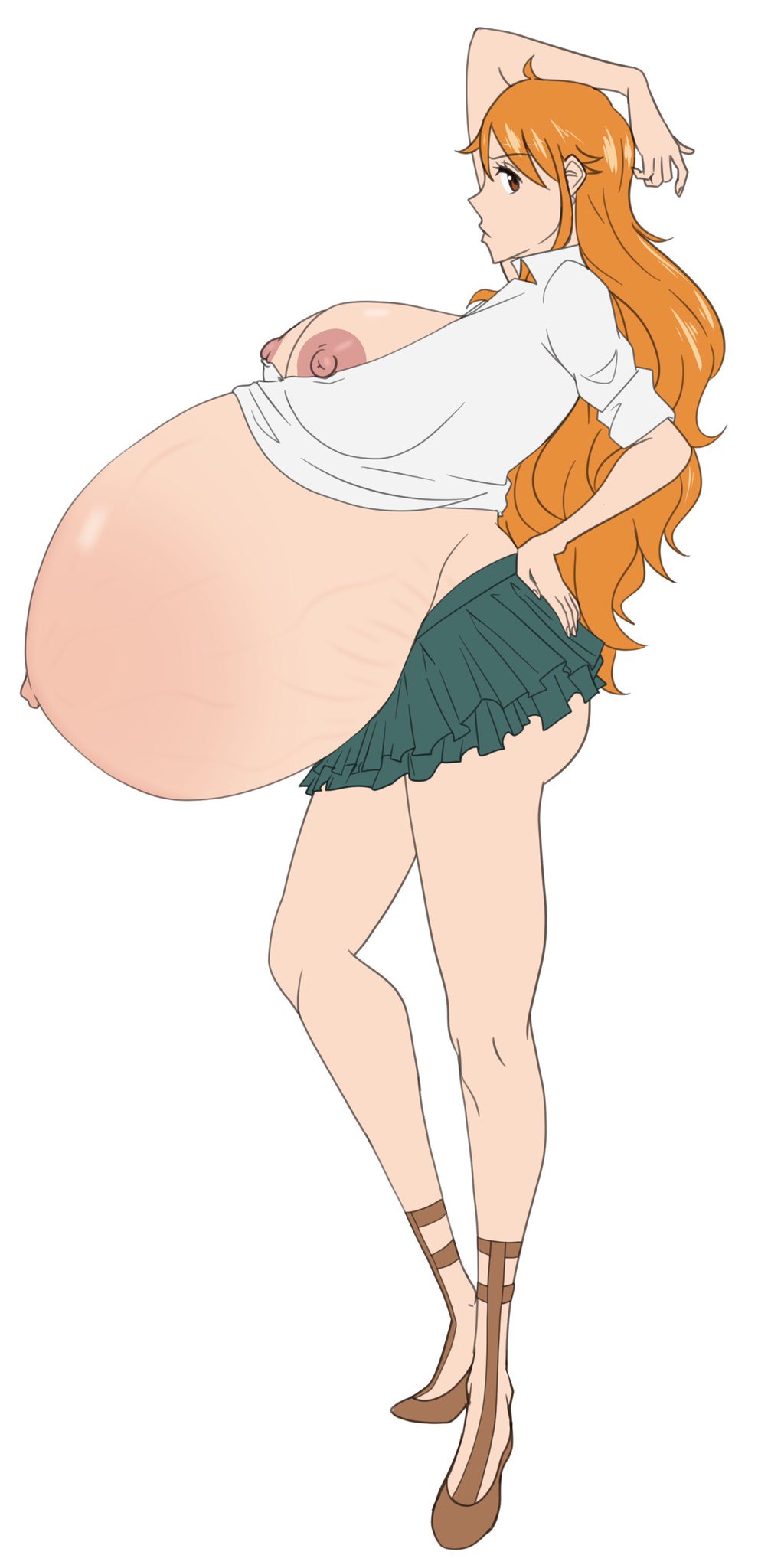 belly, big belly, big breasts, breasts, clone66, disproportional, female, female only, huge belly, hyper belly, hyper pregnancy, nami (one piece), nipples, one piece, orange hair, pregnant, side view, stretch marks, torpedo belly, white background